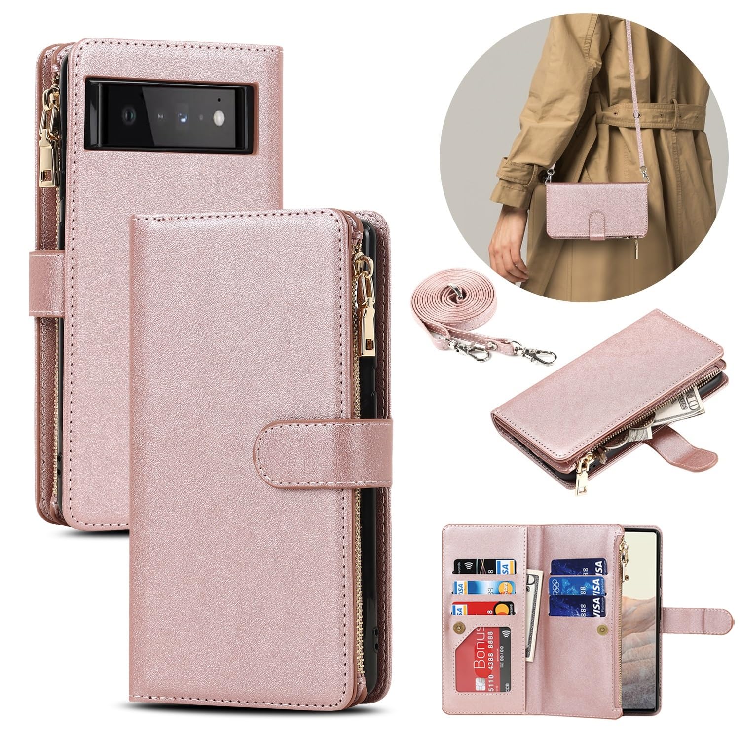 iCoverCase for Google Pixel 6 Pro Wallet Case with Card Holder, Kickstand Feature PU Leather Case with Adjustable Crossbody Lanyard Magnetic Clasp Zipper Pocket Flip Cover (Rose Gold)