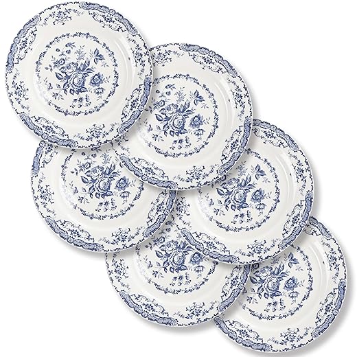 Dinner Plates, Ceramic Plates Set of 6, Kitchen Plates Microwave Safe, White Plate Dessert Blue Floral Plate Porcelain (Blue Rose, 10.5 inch)