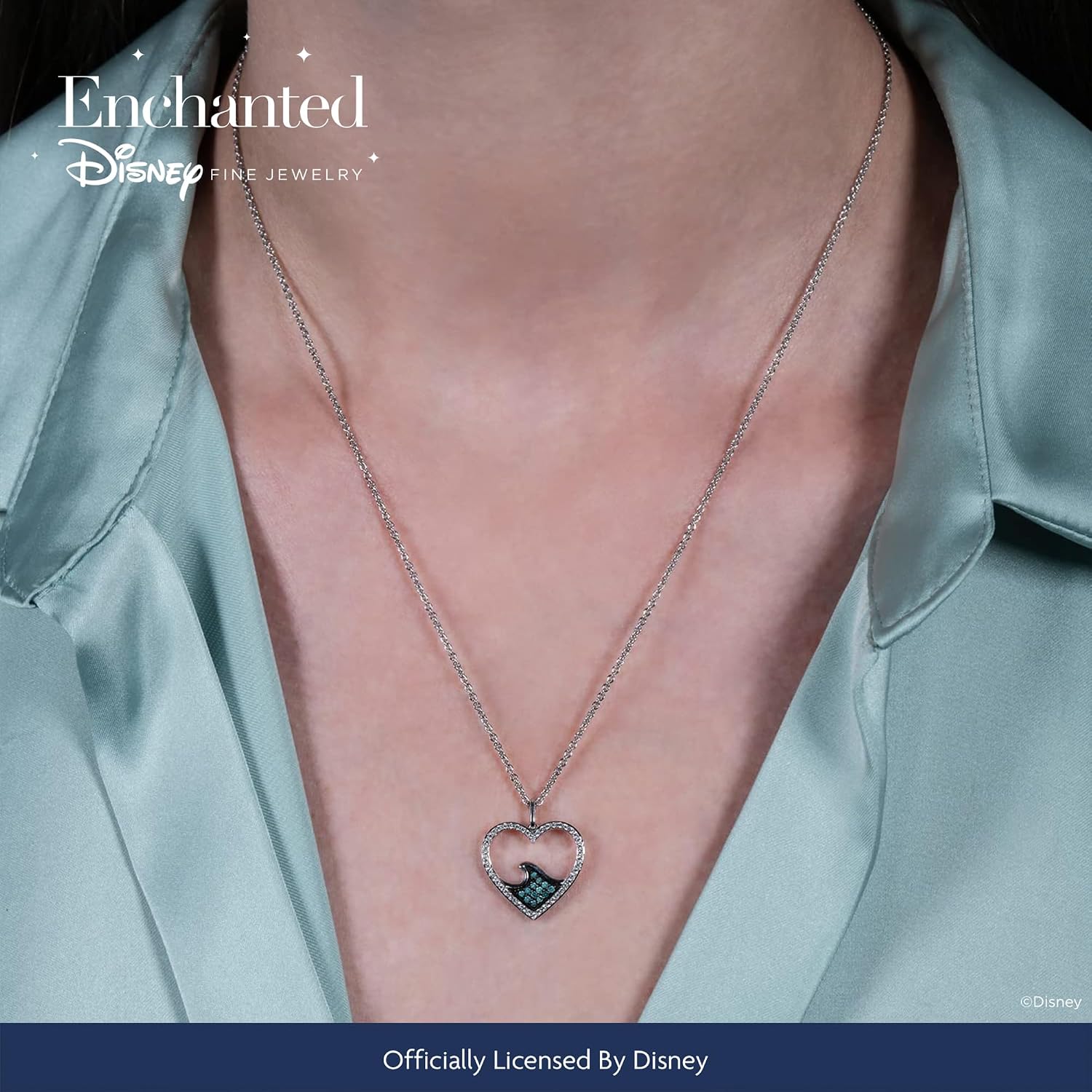 Jewelili Enchanted Disney Fine Jewelry Sterling Silver 1/4 Cttw Treated Blue and Natural White Round Diamond Moana Heart Pendant Necklace, 18" Cable Chain