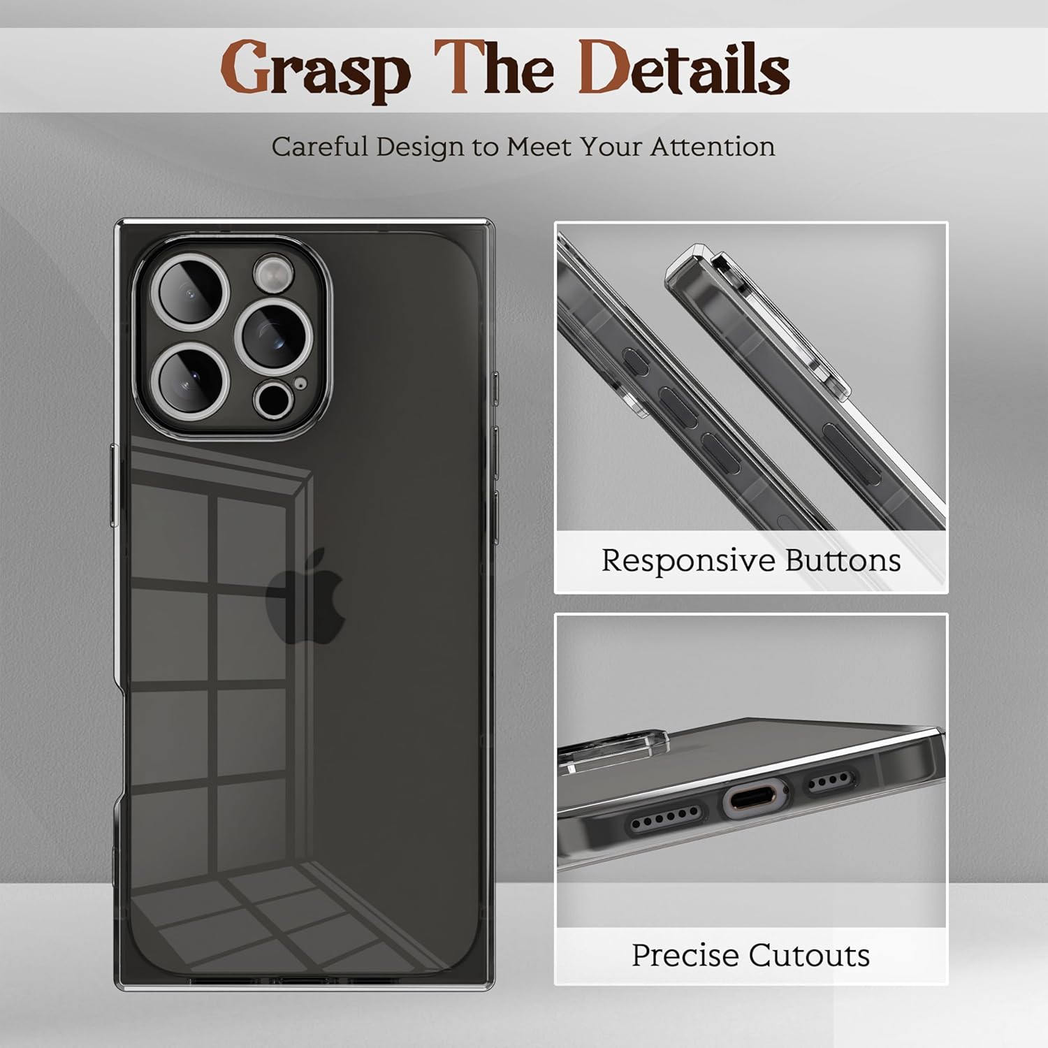 Rectangle Case Compatible for iPhone 15 Pro Max, Full Camera Protection & Reinforced Corners TPU Cushion Clear Cover, Shockproof Silicone Phone Case for Women Girls (iPhone 15 Pro Max, Black) - Image 5