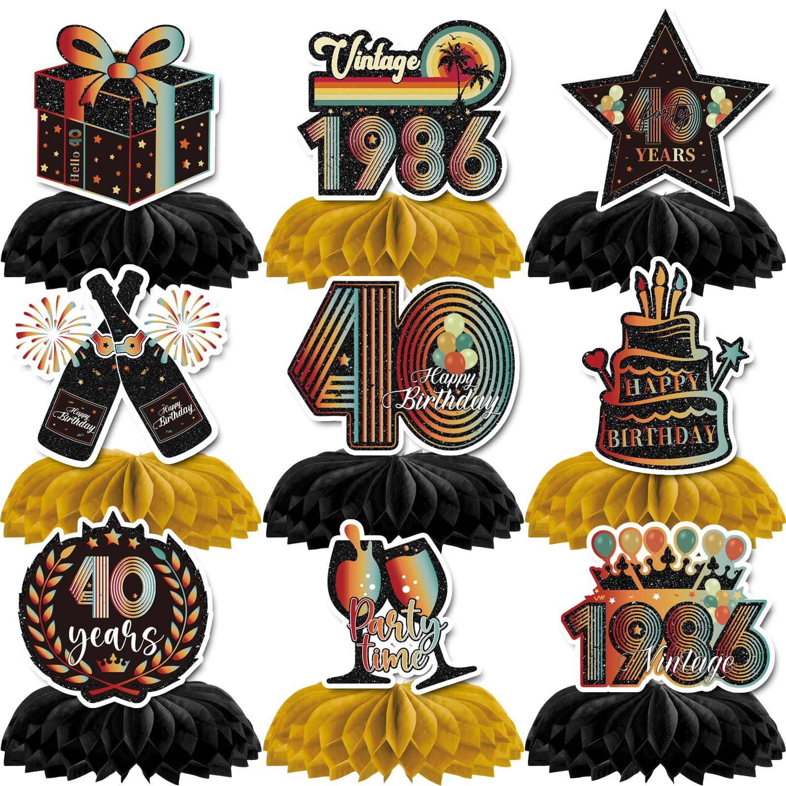 40th Birthday Decorations - 9 Pcs Vintage 40th Birthday Table Decorations Honeycomb Centerpieces, Retro 1986 Party Decor Supplies for Men Women