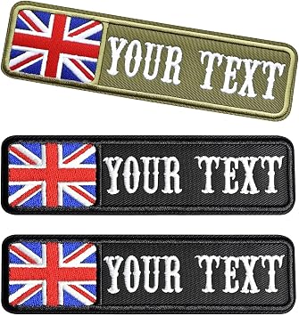 2PCS Personalized Name Patch, Custom Embroidery Military Name Tags with Hook Loop/Iron on, British Flag Tactical Moral Patches for Camouflage Uniform, Jacket, Backpacks, Dog Harness