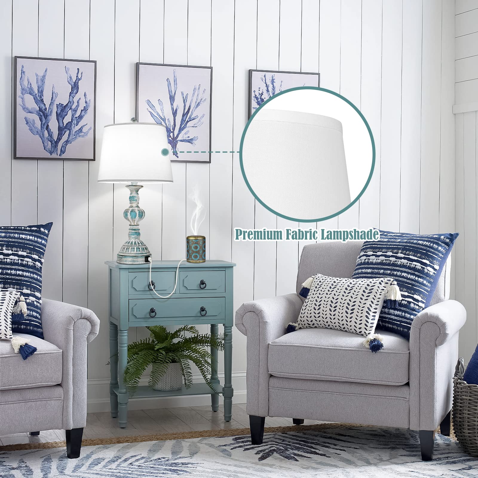 Farmhouse 3-Way Dimmable Touch Control Table Lamps with 2 USB Ports, Set of 2 Coastal Lamps for Bedroom Living Room in Washed Blue, Modern Rustic Nightstand Bedside Reading Lamps, LED Bulbs Included