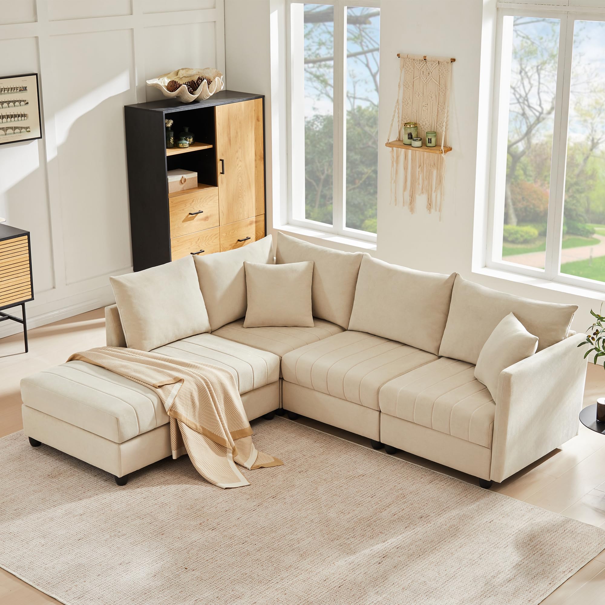 Divano moderno ad angolo, 220x194x85cm, divano a 5 posti, divano a L con poggiapiedi trasformabile e 2 cuscini, a righe verticali, divani combinato,sofa,Beige