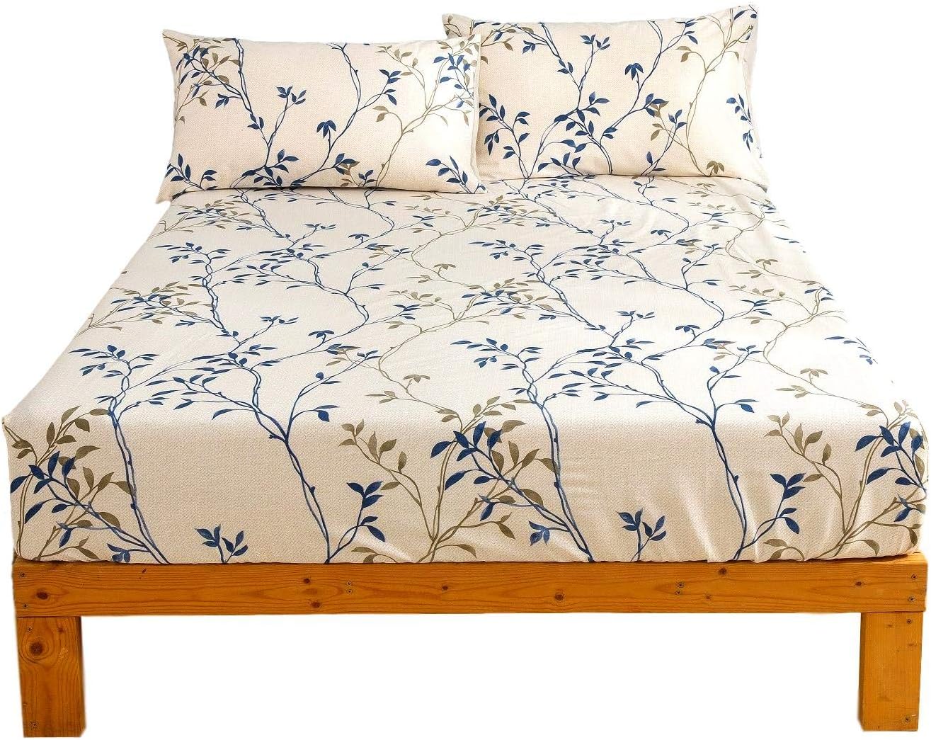 Tache Elegant Leaf Vine Nature Earthy Floral Neutral Cream Beige Tan Blue Breathable Poplin Cotton 15" Deep Pocket Fitted Sheet, California King