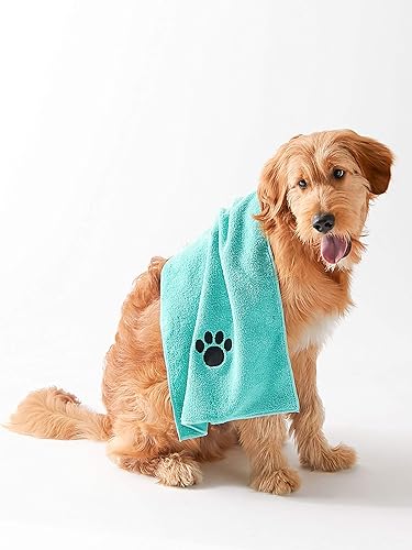 Vista 5 de Bone Dry Pet Drying Collection - Juego de toallas de microfibra bordada para mascotas, 15 x 30, color aguamarina con huella de pata negra, S, 3