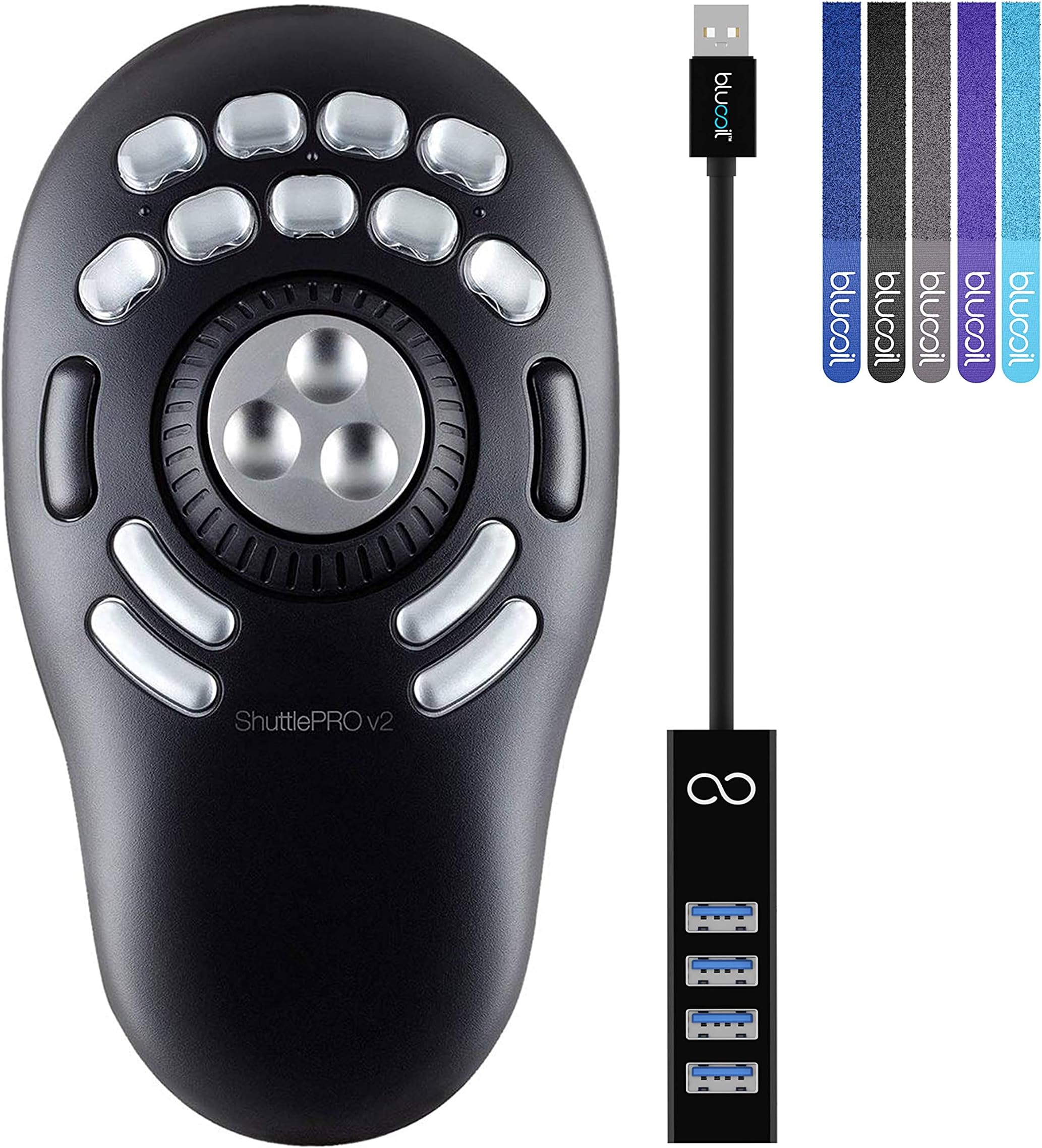 Contour Design ShuttlePRO v2 USB Multimedia Controller for Windows and Mac (Black, Old Version) Bundle with Blucoil Mini USB Type-A Hub with 4 USB Ports, and 5-Pack of Reusable Cable Ties