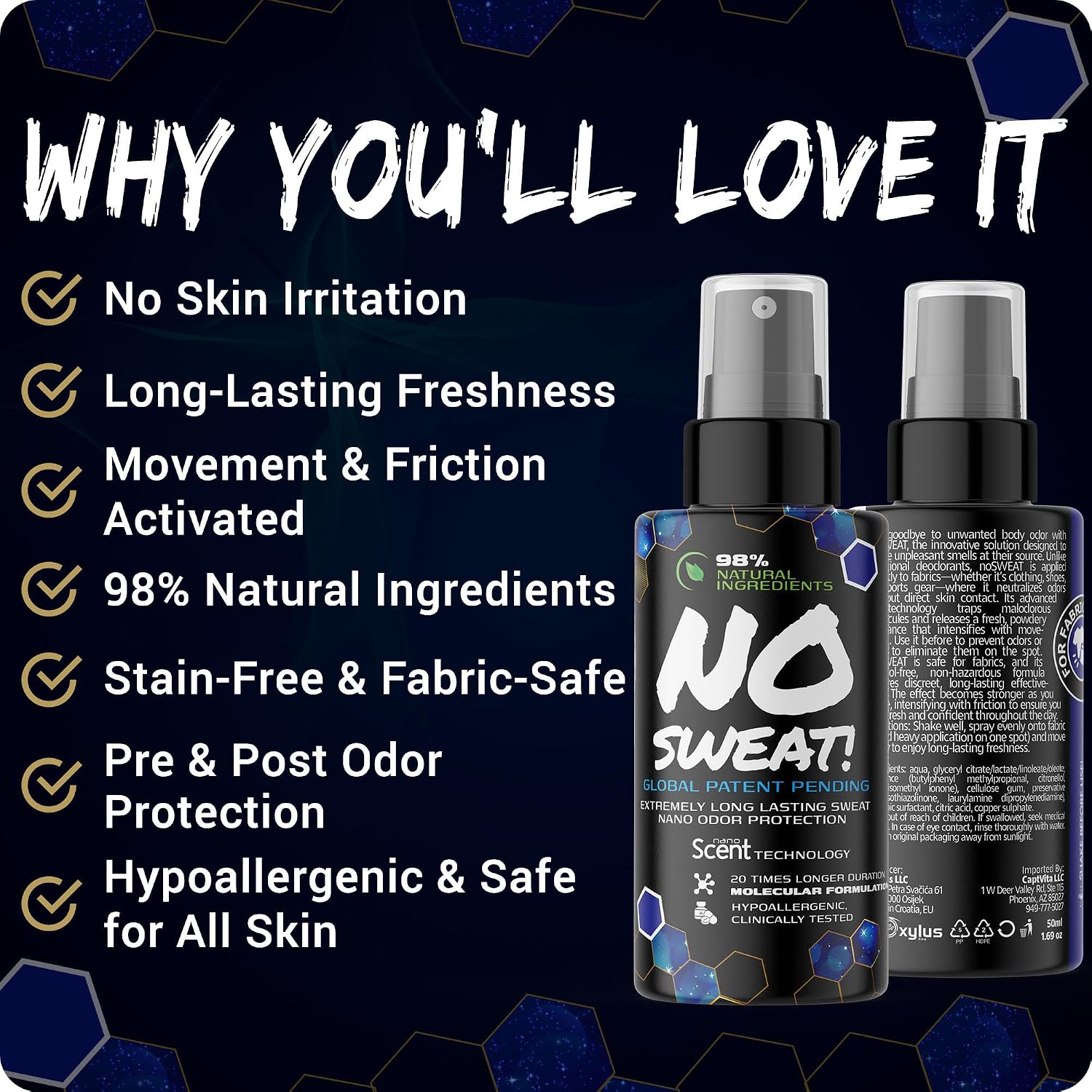 Long-Lasting Sweat & Body Odor Control Fabric Spray, Motion-Activated, 50mL | 98% natural ingredients, nanoSCENT Technology, alcohol-free, fabric safe, clinically tested for sweat & body odor control