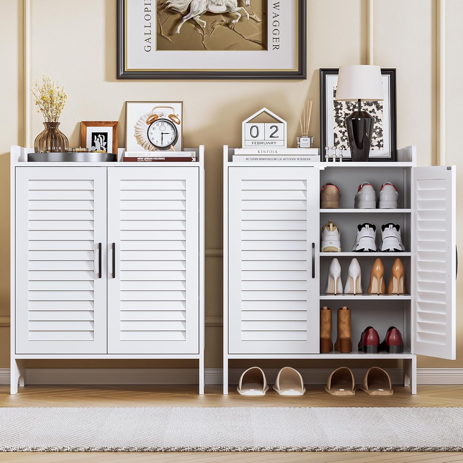 Spurgehom Shoe Storage Cabinet with Shutter Doors 4-Tier Shoe Cabinet with Adjustable Shelves, Freestanding Shoe Rack Organizer Cabinet for Entryway Hallway Living Room, White