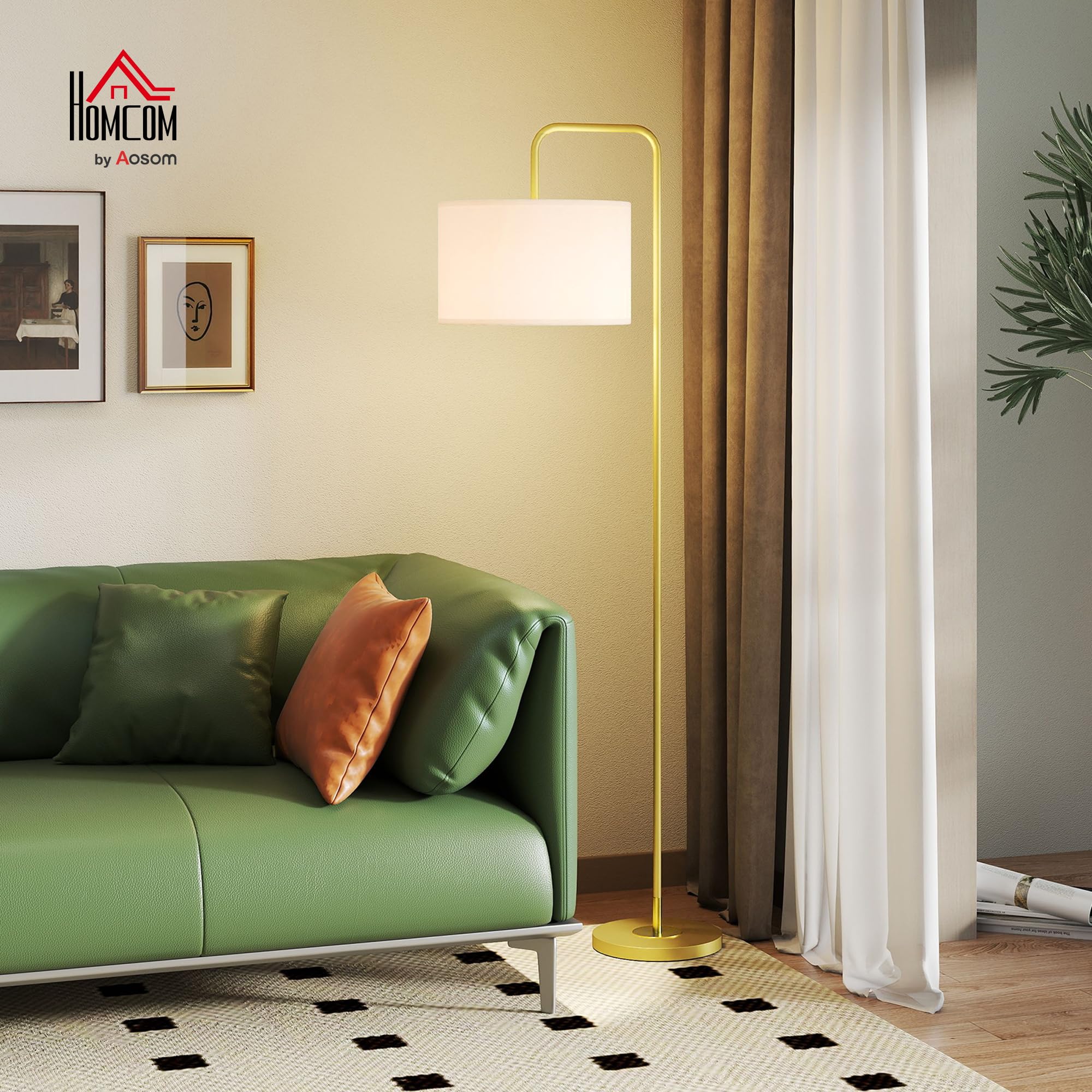 HOMCOM Lampadaire sur Pied Salon Abat-Jour Tissu Effet Lin Doré et Blanc