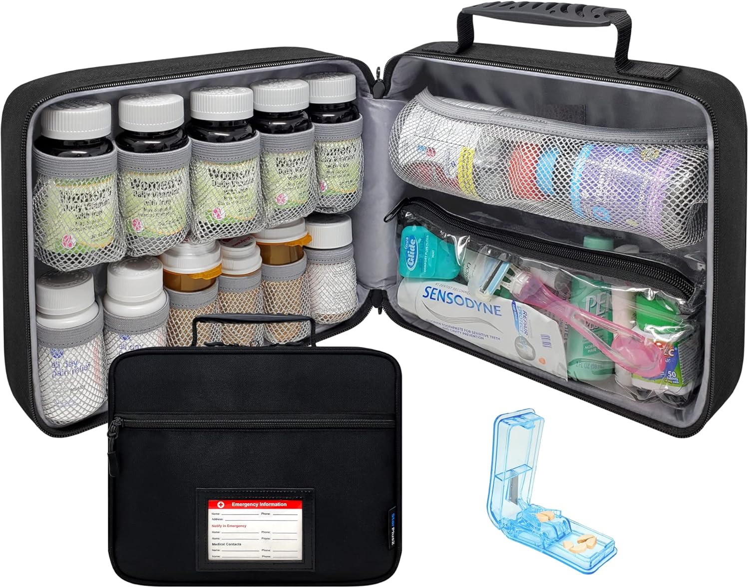 Select Large Pill Bottle Organizer with Pill Cutter, Medicine Bag, Case, Carrier for Medications, Vitamins, and Medical Supplies with Fixed Pockets – for Home Storage and Travel