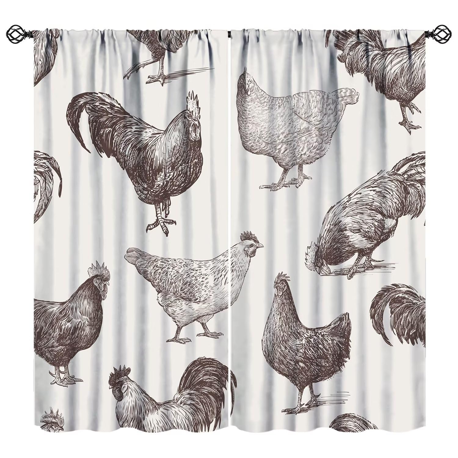 JESTRONRY Rustic Modern Farmhouse Animal Chicken Curtain, Vintage Farm Chicken Rooster Print Blackout Rod Pocket Window Drapes for Living Room Bedroom Kitchen Home Decor 42x63in