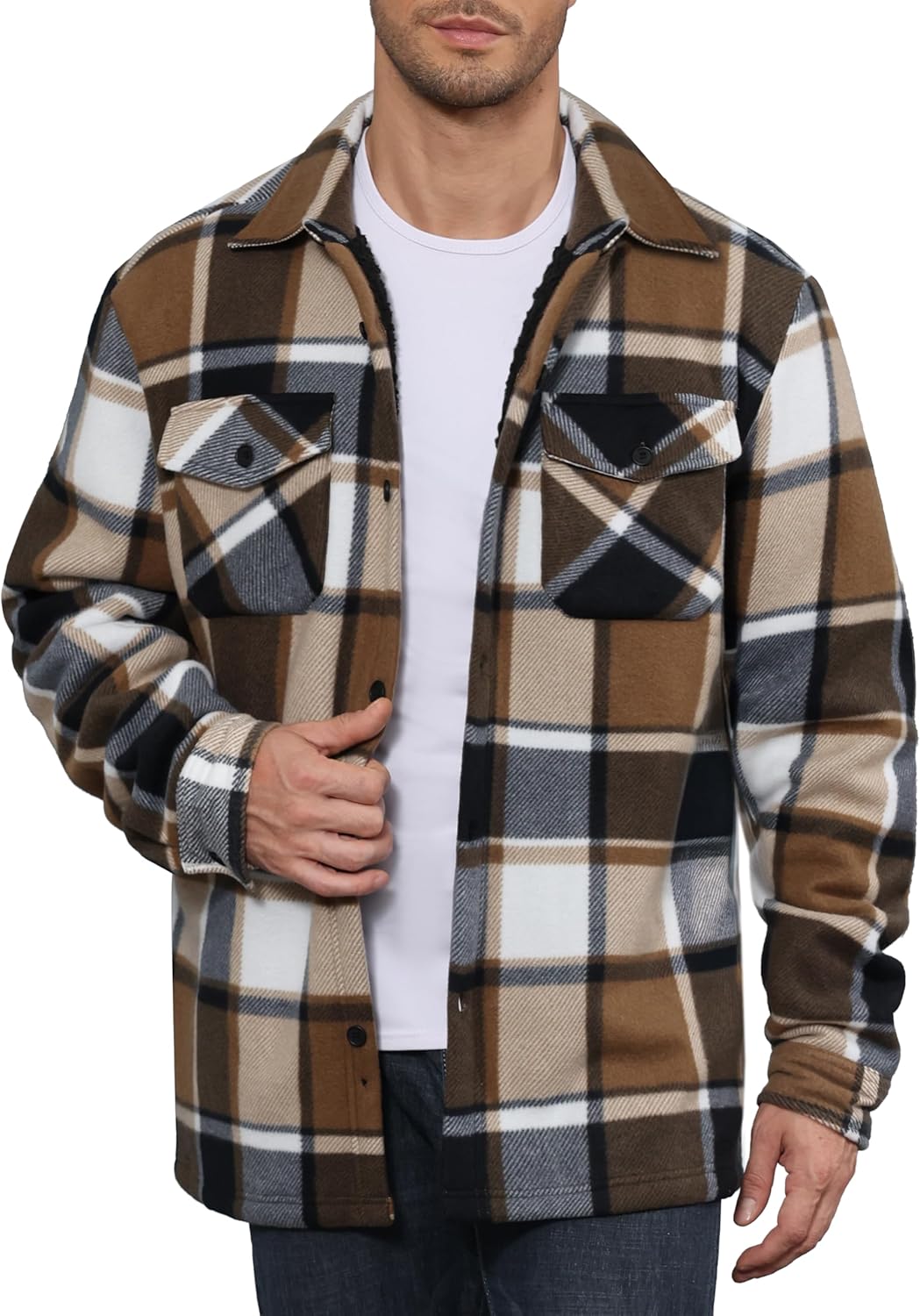 LMHCISO Men's Flannel Jacket Sherpa Lined Casual Button Up Plaid Jacket Long Sleeve Fleece Shacket with Pockets