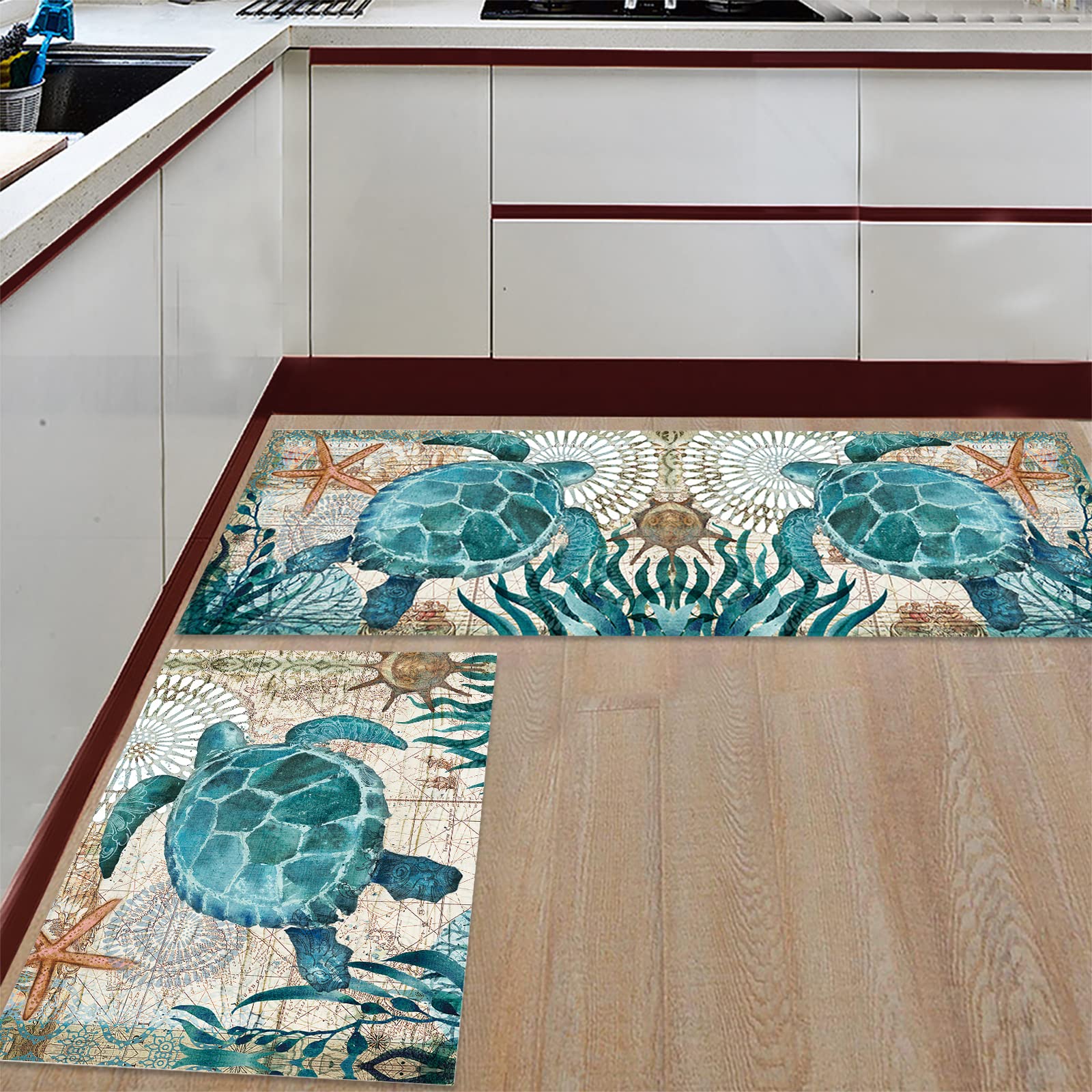 Anti-Fatigue Kitchen Mats 2 Piece Set Non-slip Absorbent Kitchen Mat and Rug Underwater World Green Turtles and Seagrass Vintage Nautical Map Comfort Floor Mats Runner Rug for Laundry Room Sink