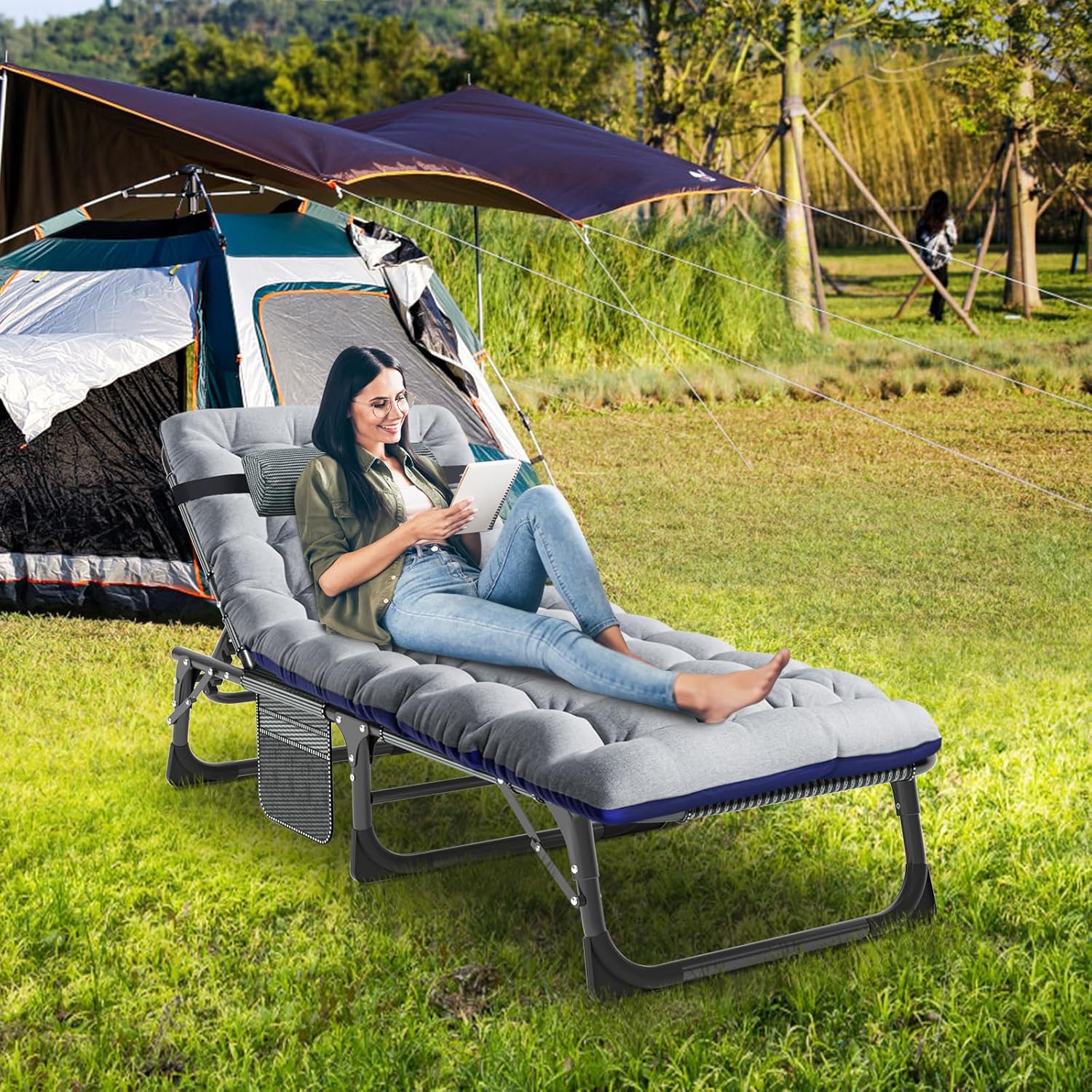 LILYPELLE Folding Outside Chaise Lounge Chair with Mattress, 5 Position Adjustable Patio Folding Lounge Chair Reclining Chairs Perfect for Sunbathing, Camping, Pool, Beach, Patio