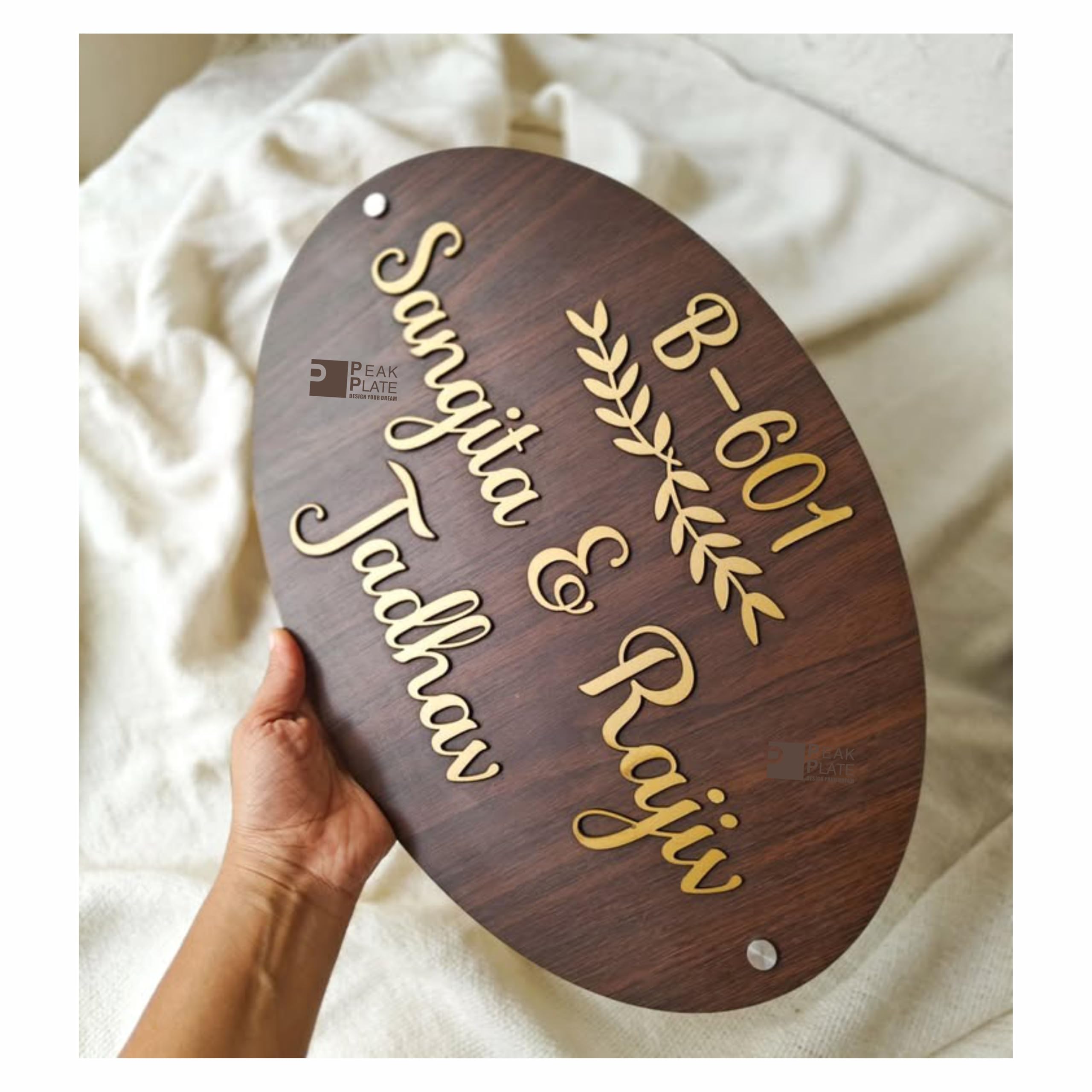 PEAK PLATE Custom Wooden Name Plate for Home (16 x 12 Inch) | Oval Designer Nameplate with 3D Golden Letters | Personalized House Name Board for Door, Flat, Office & Apartment Entrance 1