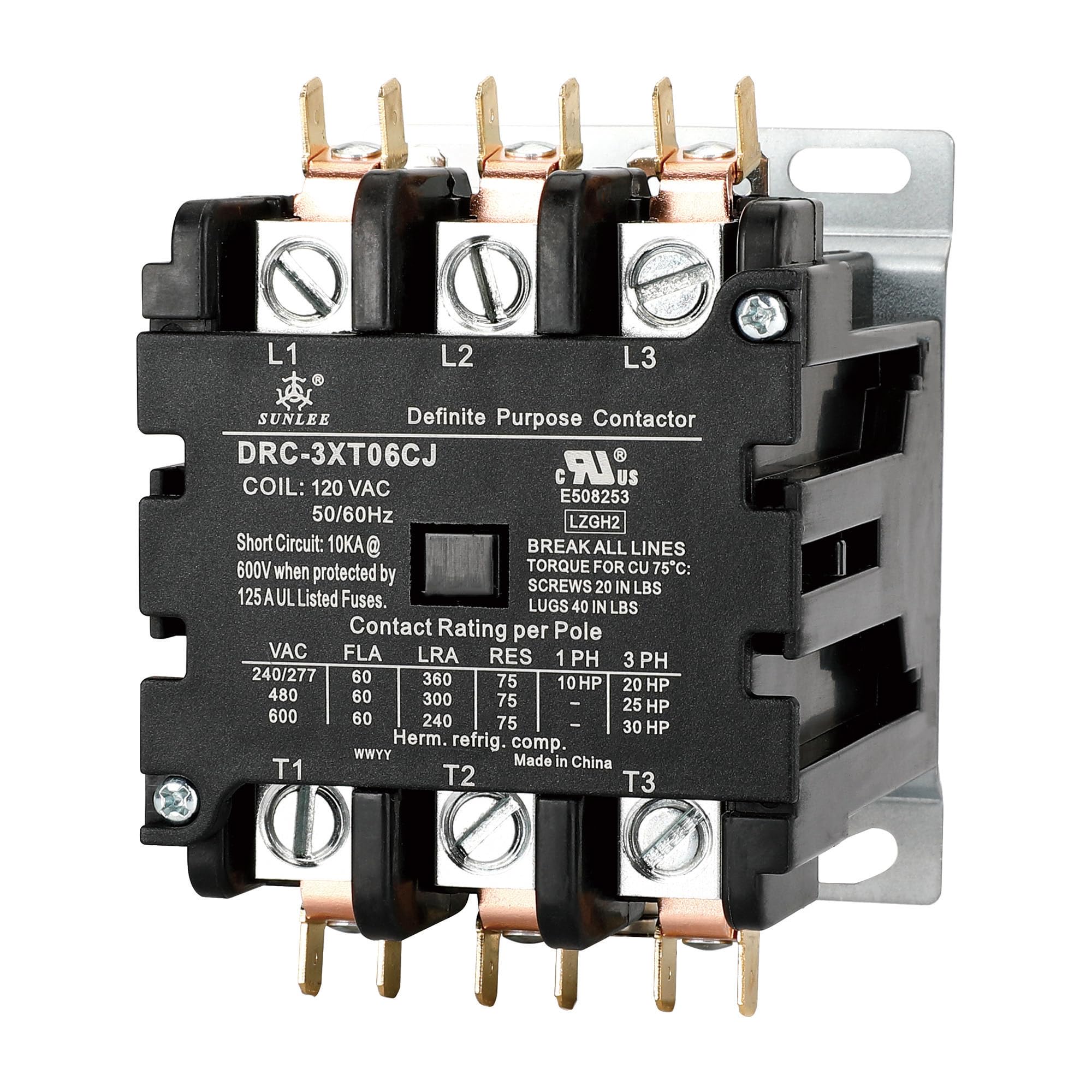 SUNLEE60 Amp 75 RES 3 Pole 120v coil SunLee DP Contactor A2L Compliant UL Recognized & Approved for UL 60335 HVAC Contactor 42EF35AF equivalent