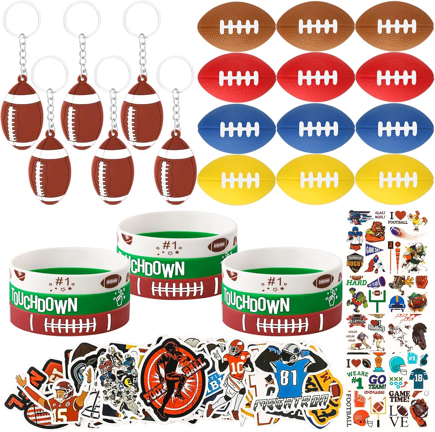 98Pcs Football Party Favors, Football Silicone Wristband Mini Foam Stress Balls Keychain Tattoos Stickers, Football Birthday Party Goodie Bag Fillers