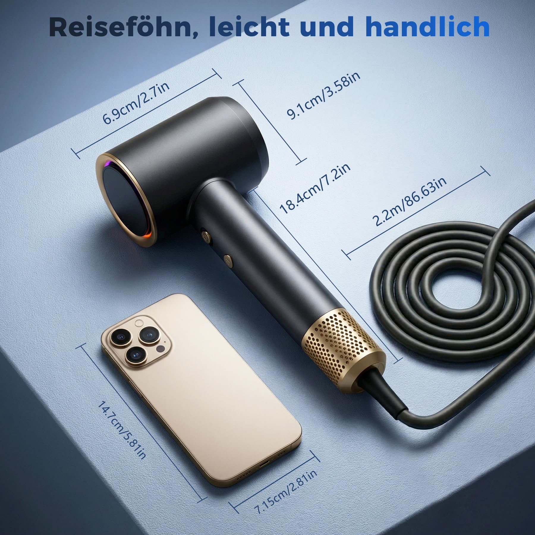 Ionen Föhn, Professioneller Haartrockner mit 110.000 U/min, Leise, Leicht mit 200 Million Negative Ionen, 3 Heizstufen, 2 Geschwindigkeitsstufen für Zuhause Reisen