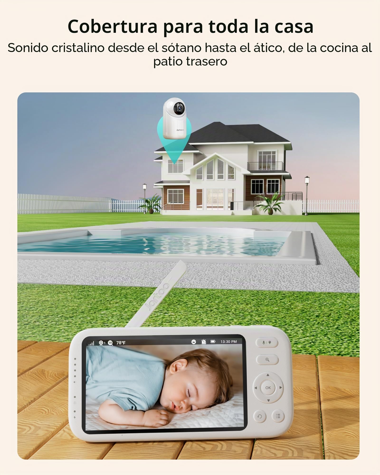 Jartoo Monitor de bebé con video 2K y cámara y audio, monitor de bebé de largo alcance de 567 metros sin WiFi, pantalla FHD de 5.5", cámara para bebé ANC inalámbrica, reloj de alimentación, visión