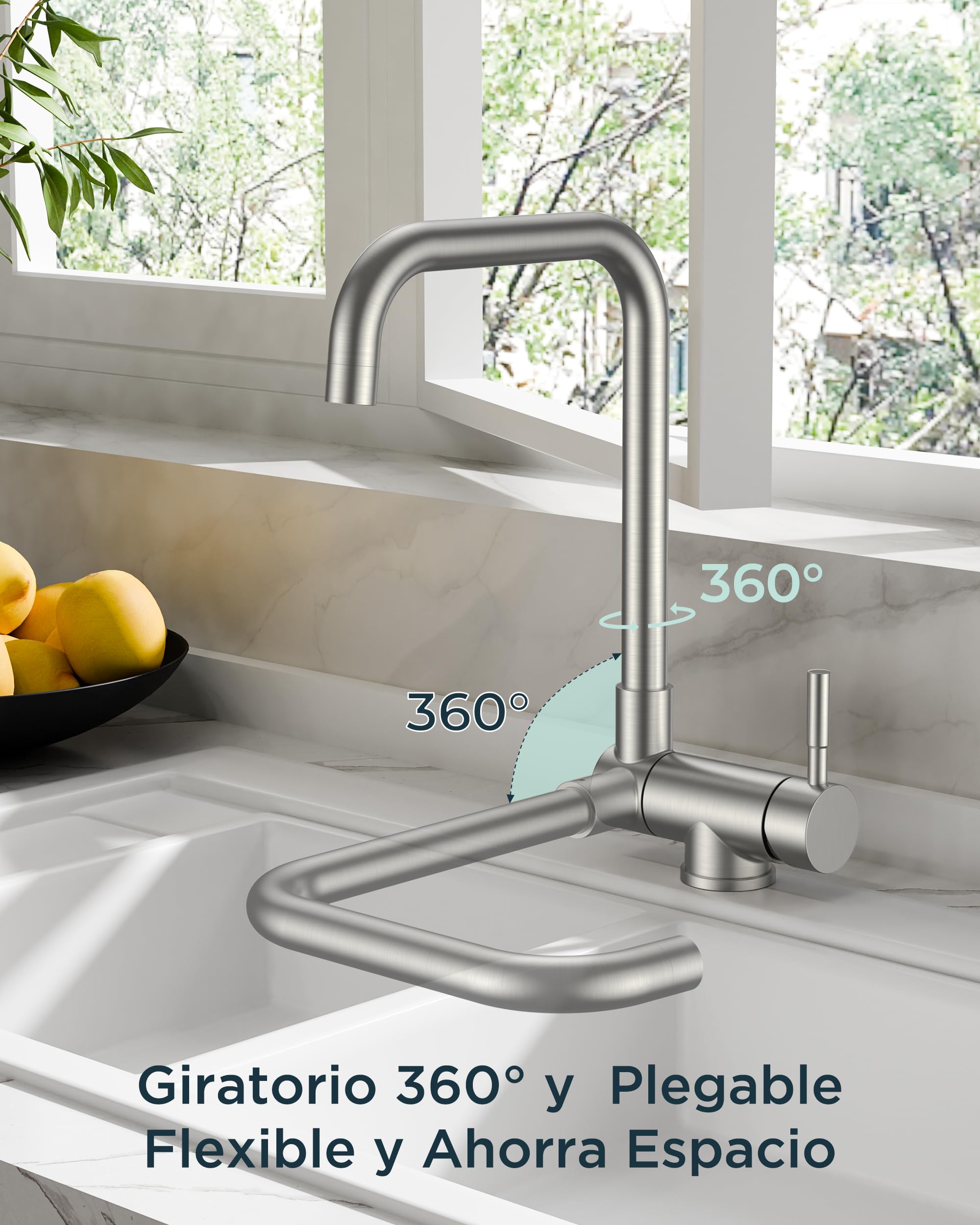FORIOUS Grifo Cocina, Grifos Cocina Fregadero con Función Giratorio 360° y Plegable, Diseño en Forma de L de Acero Inoxidable, Monomando Para Agua Caliente y Fría Torneira de Cozinha