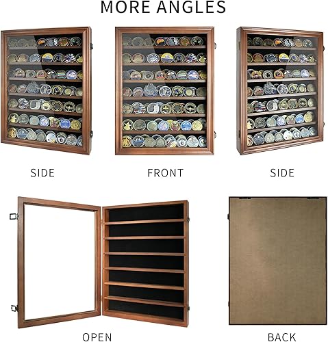 Miniatura 4 de DecoWoodo Estuche de exhibición de monedas de desafío de 7 filas, con capacidad para 100 monedas, gabinete de exhibición militar de madera maciza