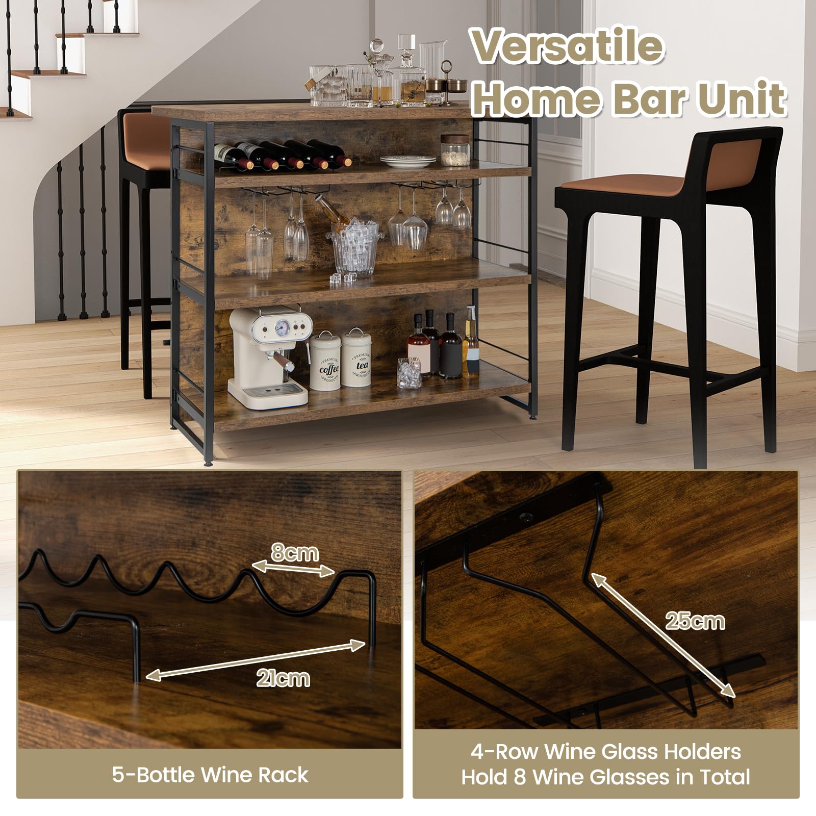 KOMFOTTEU Table de bar 2 en 1 avec espace de rangement - Armoire de bar avec 4 niveaux - Étagère à vin et support en verre - Buffet haut avec pieds réglables - 120 x 60 x 101 cm (marron)