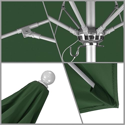 Miniatura 3 de California Umbrella Paraguas redondo de aluminiofibra de vidrio de 9 pies, empuje abierto, poste plateado, verde cazador de olefina