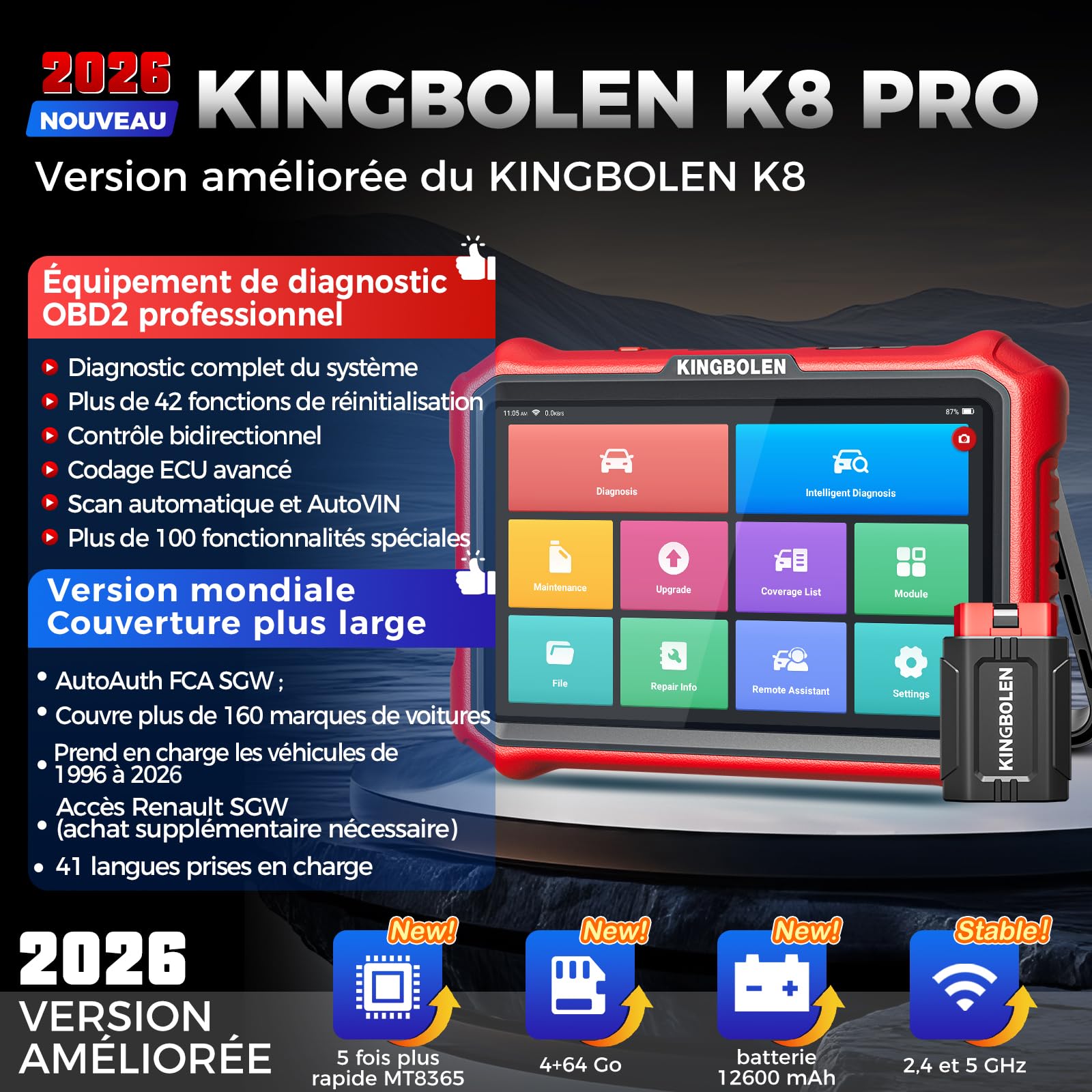 KINGBOLEN K8 Pro Valise Diagnostic Auto, OBD2 Diagnostic Français pour système Complet avec 42+ Réinitialisations, Codes ECU, Contrôle Bidirectionnel, CANFD＆DOIP, Mise à Jour Gratuite à Vie