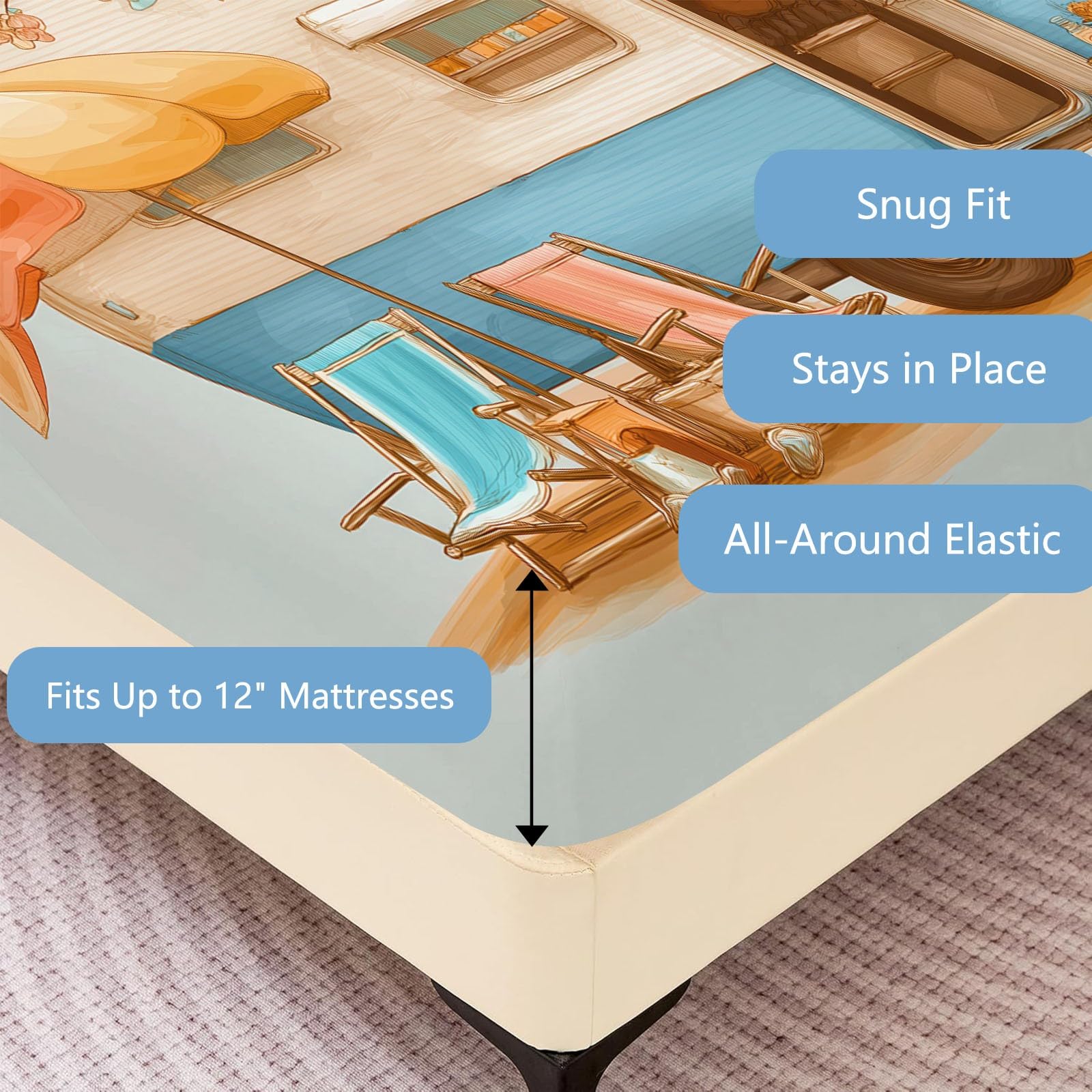 Sábana bajera ajustable de microfibra con somier, juego de sábanas de 140 x 200 cm para camping, autocaravana, silla de playa, sombrilla, impresión 3D, sábana bajera ajustable con 2 fundas de almohada