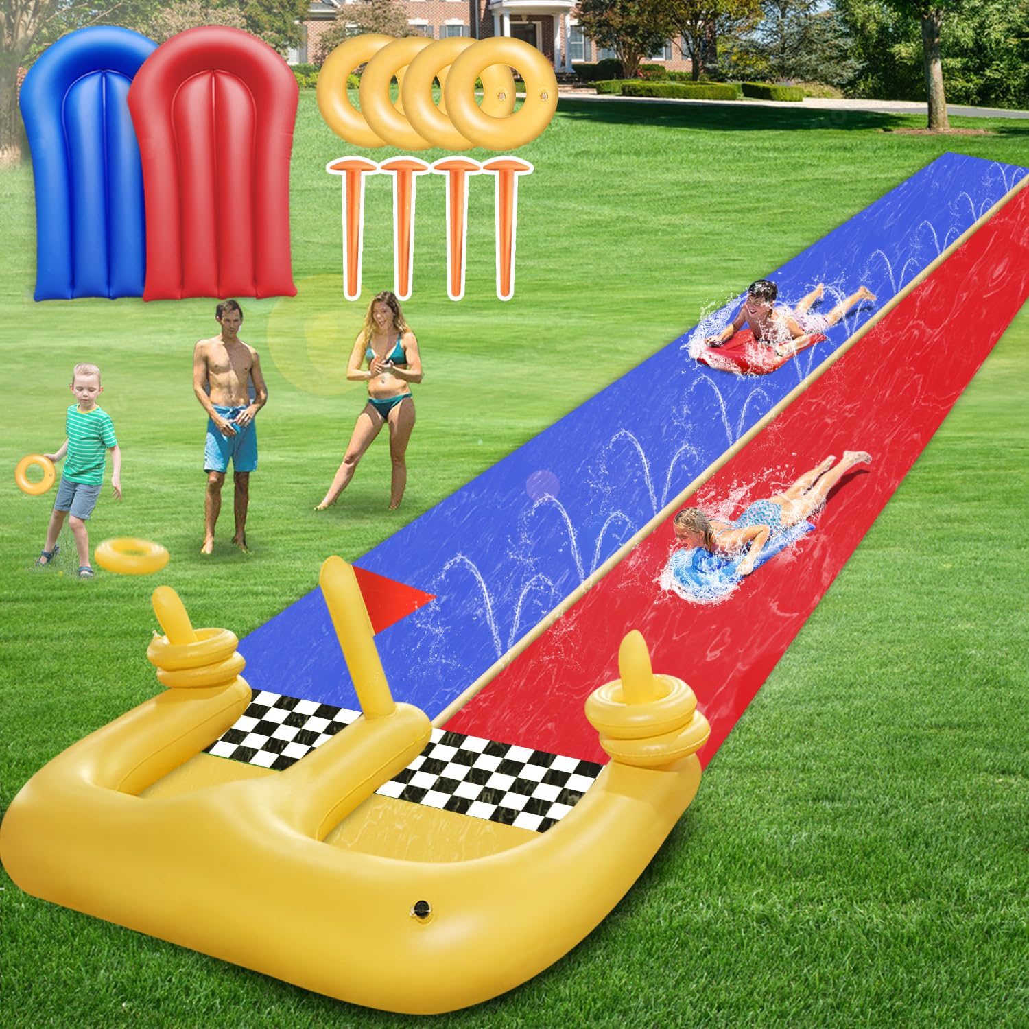 giicuzix 30FT Lawn Water Slide and 2 Inflatable Boards 4 Ring Toss, Extra Long Double Lawn Splash Mat Pad with Sprinkler for Kids Adults Backyard Summer Water Toy Outdoor Fun Carnival Game