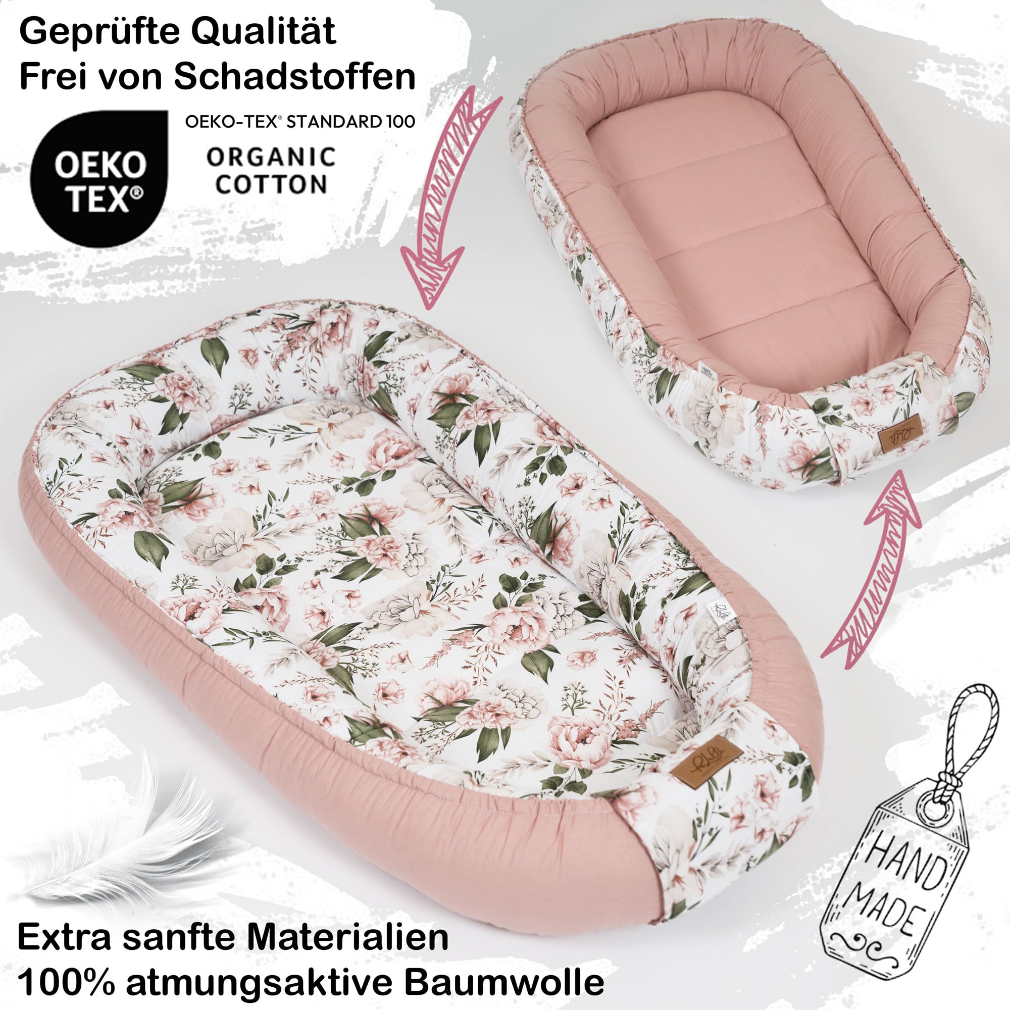 PaLulli® Nido de bebé extragrande, 100 x 60 cm, algodón, reversible, reversible, hecho a mano, transpirable y seguro (rosa)