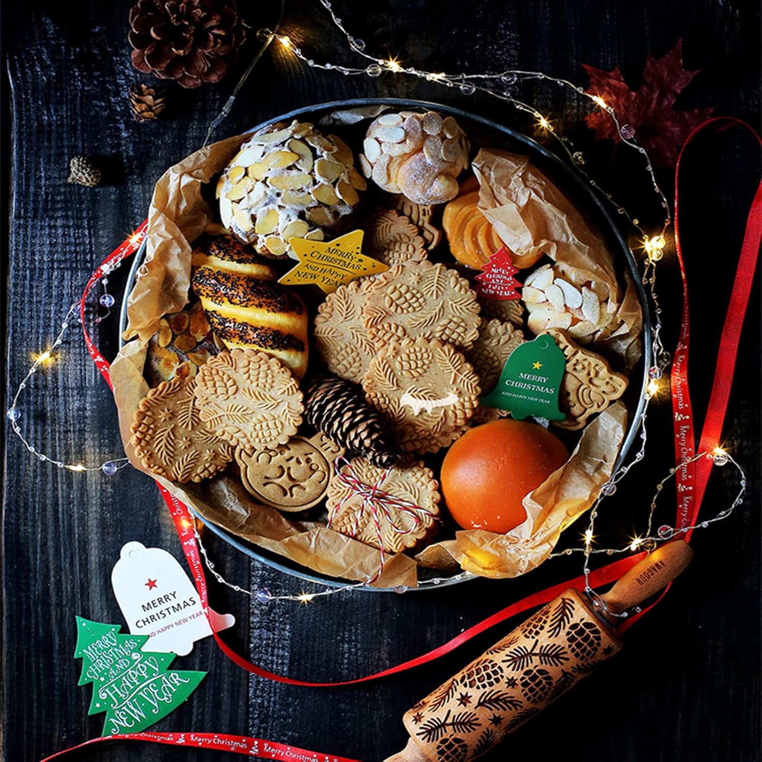 Deeply Engraved Embossing Rolling Pin Christmas Tree Deer Pattern Clay Roller