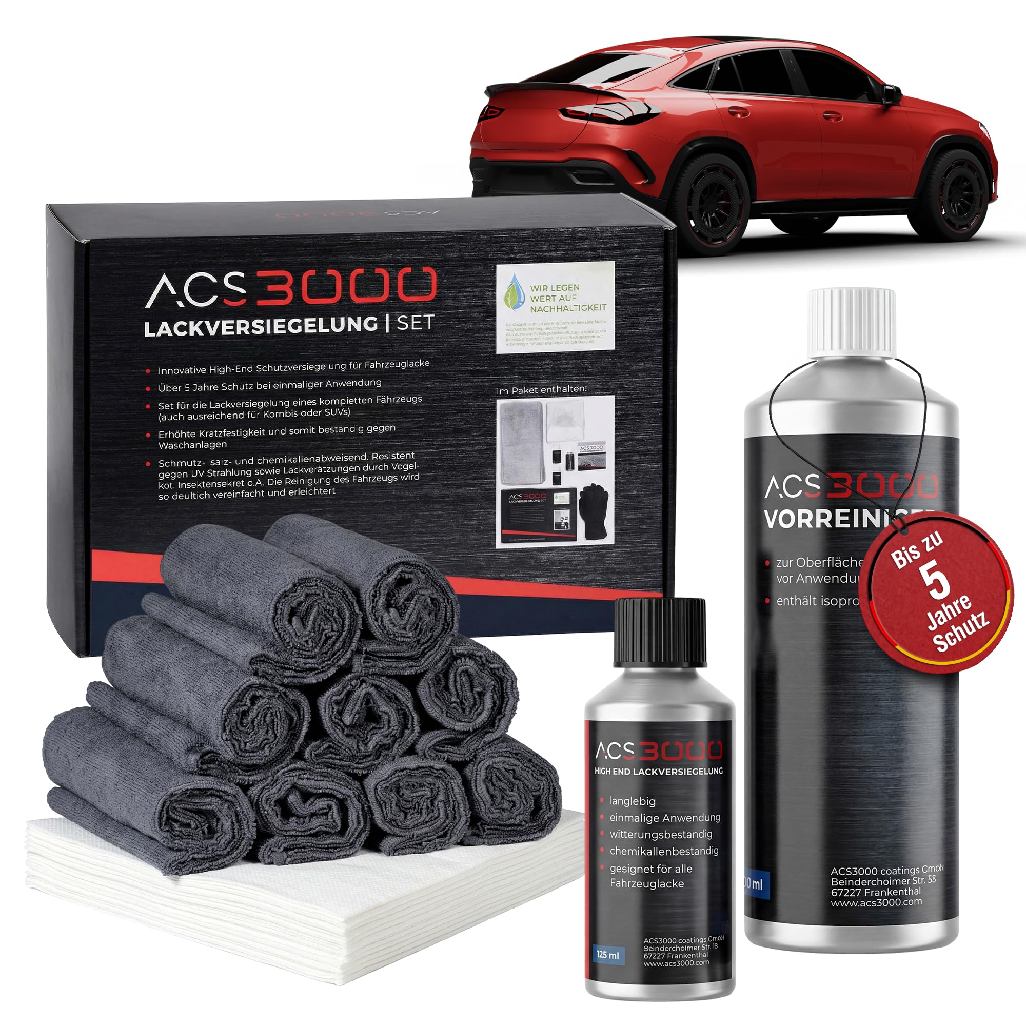 ACS3000 Keramik Lackversiegelung Set – 5+ Jahre Langzeitschutz – Molekulare Schutztechnologie – Hydrophober Lotus-Effekt – Keramikversiegelung, Auto-Versiegelung für Fahrzeuglack, Folie & Aluminium