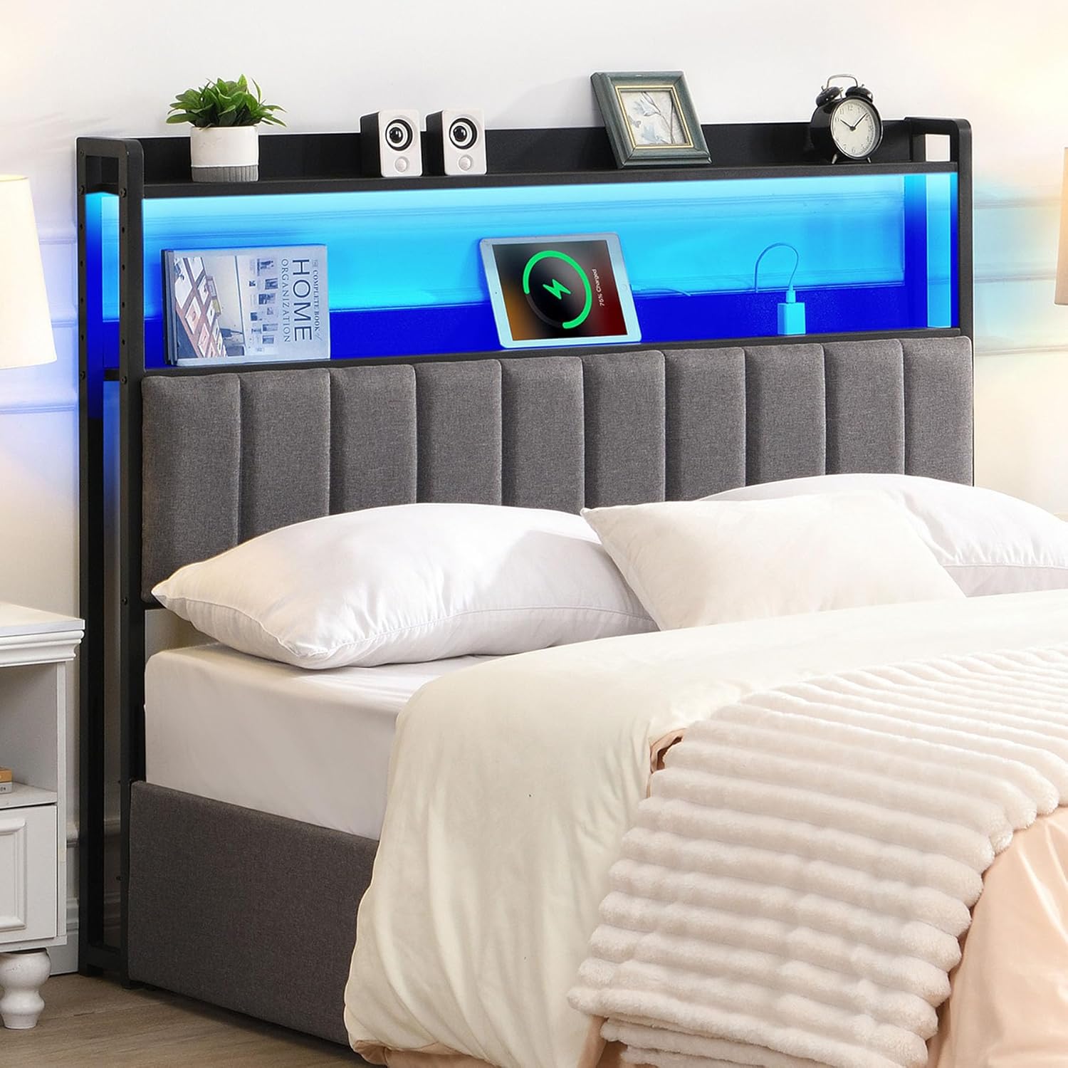 Headboard Queen Size with Storage & LED Lights, Upholstered Headboard with Outlets, Adjustable, Free Standing (Queen)