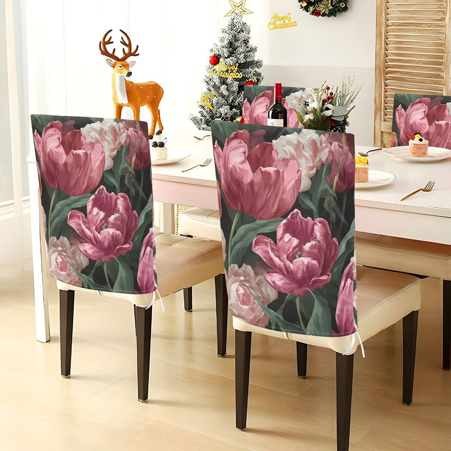 ALAZA Roses Tulips Flowers Chair Back Cover Set of 6, Washable Reusable Removable Chair Slipcovers Decorative Chair Cover for Home Kitchen Wedding Party