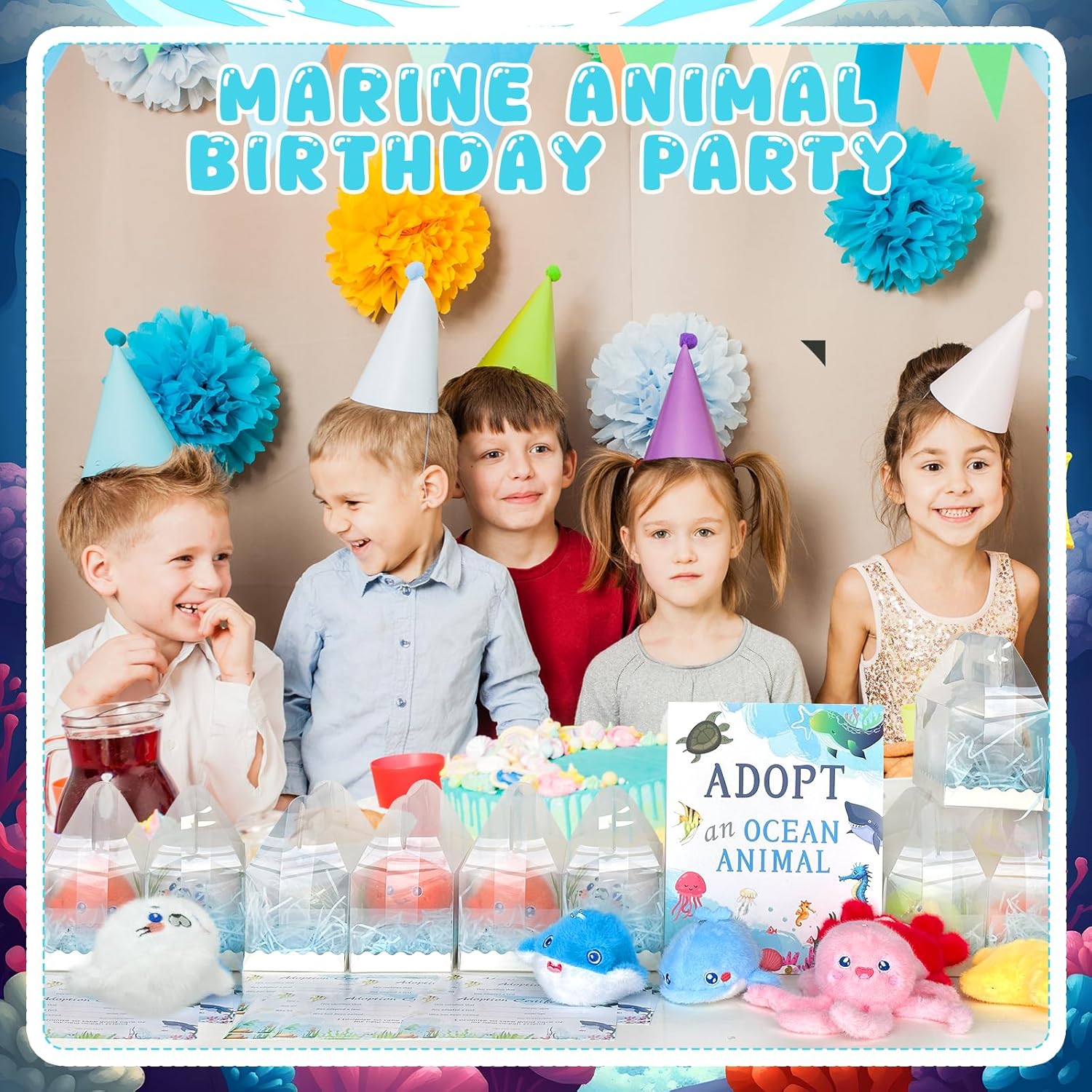 85 Pcs Adopt an Ocean Animal Party Favors Includes 12 Plush Sea Animals 12 Clear Favor Boxes 12 Adoption Cards 1 Adoption Sign Blue Raffia 48 Artificial Water Plants for Kids Sea Animal Adopt Party
