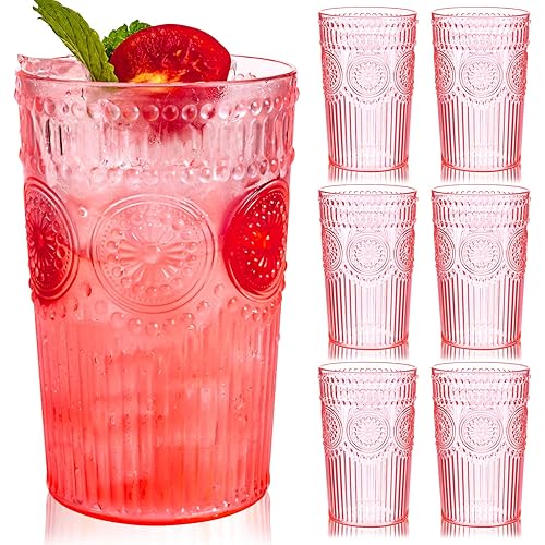 Ciaell 12 Pack Romantic Plastic Water Glasses - 14 Oz Pink Vintage Drinking Glasses, Embossed Ribbed Plastic Cups, Textured Striped Set for Juice, Beverages, Beer, Cocktail & Easter