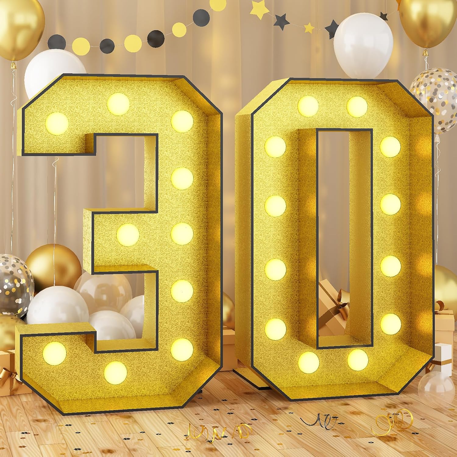 Light Up Numbers 30, 4FT Light Up Numbers Gold Large Light Up Numbers Marquee Mosaic Numbers for 30th Birthday, Giant Light Up Number 4 Feet Tall DIY Frame Pre-Cut Foam Board Kit for Anniversary