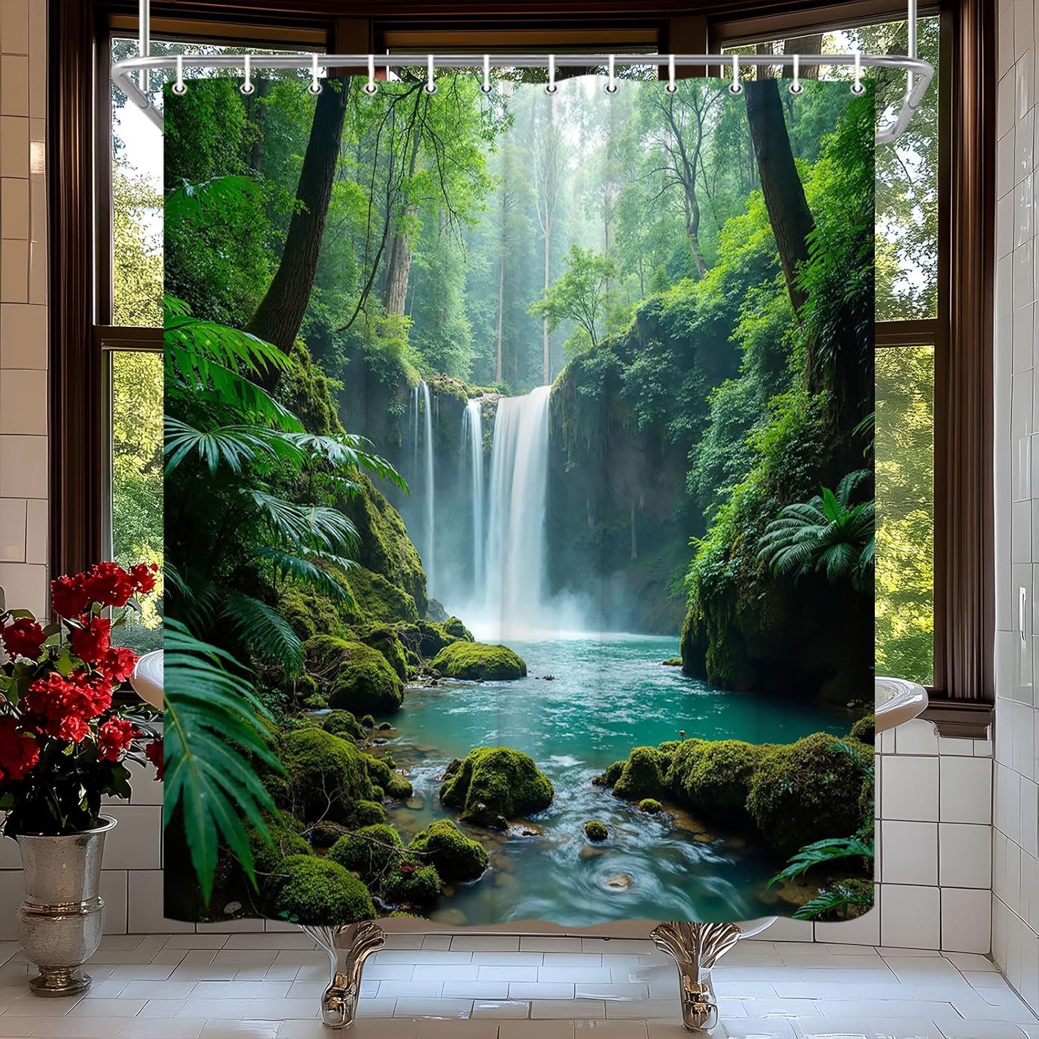 Forest Waterfall Shower Curtain Tropical Nature Green Tree Mountain Misty Jungle Rainforest Natural Scenery Landscape Bath Curtain Fabric Bathroom Accessories Decor with Hooks 70W x90L