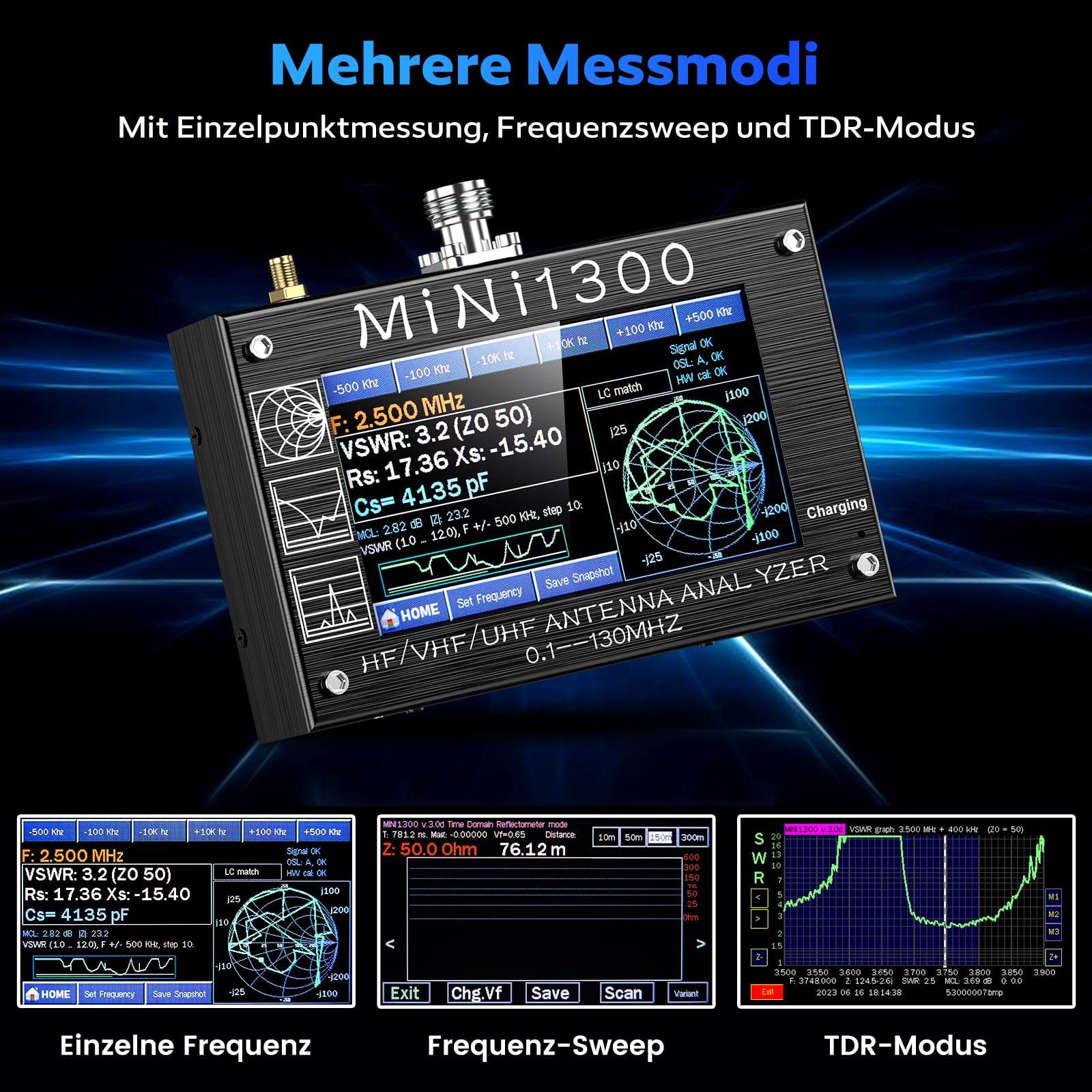 Seesii Mini 1300 Antennen Analysator, 2024 Aufgerüsteter 4,3 Zoll Signalgenerator 0,1-1300MHz HF VHF UHF ANT/SWR/TDR/DSP RF mit SMA Kalibrierkits