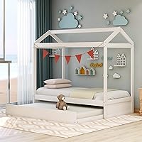 Vista 4 de MERITLINE Cama individual con nido, litera de madera tamaño individual, se puede decorar para niñas, niños, no necesita somier (blanco)