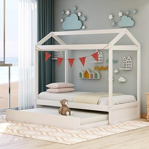 Miniatura 4 de MERITLINE Cama individual con nido, litera de madera tamaño individual, se puede decorar para niñas, niños, no necesita somier (blanco)