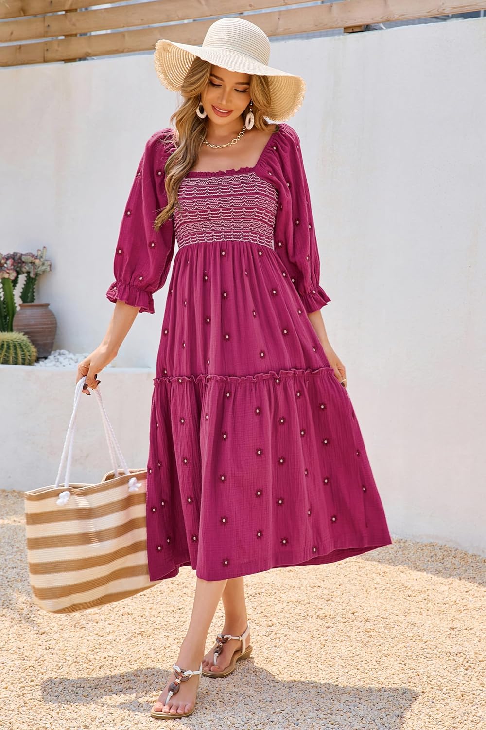 R.Vivimos Women's Long Sleeve Cotton Boho Midi Dress Vintage Square Neck Floral Embroidered Tiered Ruffle Flowy Pockets Dress - Image 2