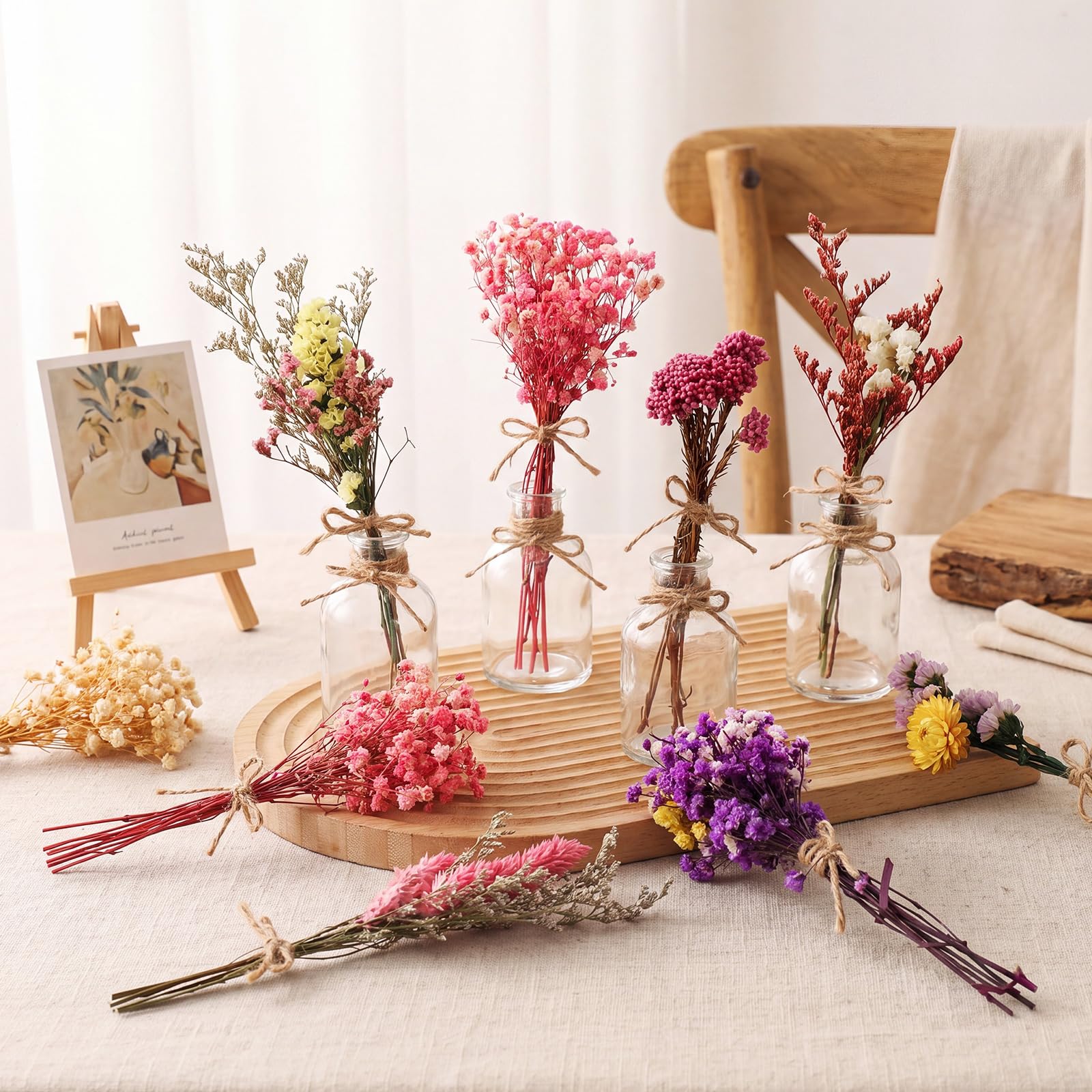 Nuanchu Set di 10 fiori secchi per vaso, centrotavola per matrimoni, 10 piccoli vasi in vetro, 10 bouquet di fiori secchi con corda per baby shower, decorazione rustica per feste nuziali in fattoria