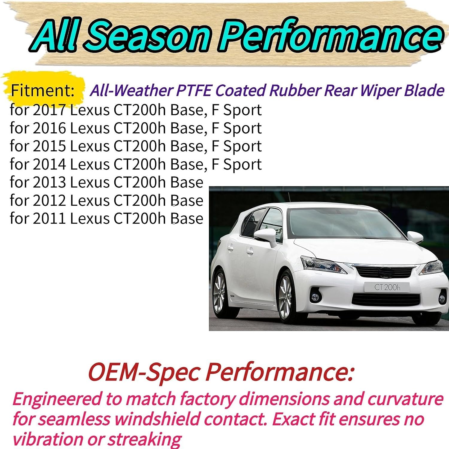 Rear Wiper Blade Arm for Lexus CT200h Hatchback 2011-2017 2016 2015 2014 2013 2012 2011 Exact Fit Base F Sport HYBRID (FHEV) Models Rear Back Windshield Wiper Blade Set Replacement