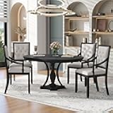 Quarte Retro 5-Piece Dining Set with Extendable Round Table and 4 Upholstered Chairs, Curved Armrests, Compact Table Set for Kitchen Dining Room (Black/2)