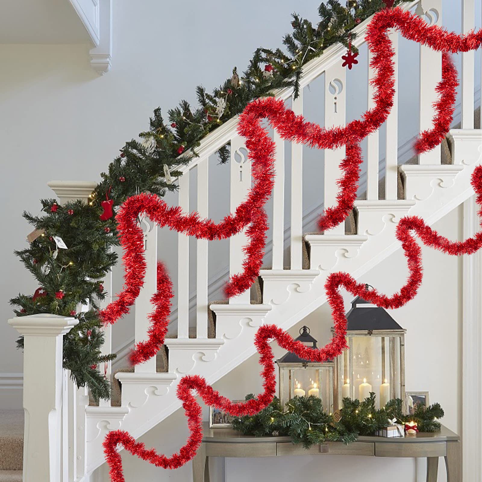 Espumillon Arbol Navidad, 20M/ Paquete de 10 Guirnalda Navidad Metálico Oropeles Brillantes Espumillón Navidad Guirnaldas Navideñas Decoración para Boda Fiesta Hogar Interior y Exterior Rojo