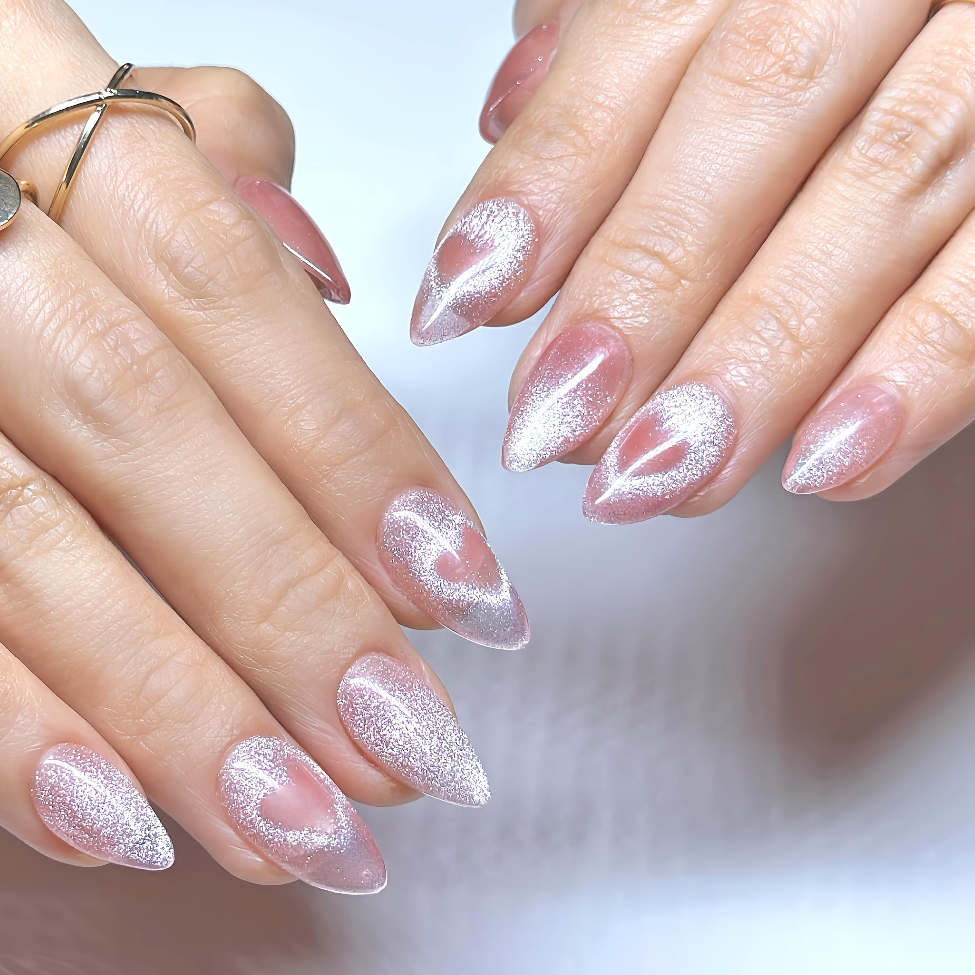 Sunruby Press On Nails Short Almond Cat Eye Jelly Pink|The Heart will Sparkle as You Move.Reusable Soft Gel Nails in 15 Sizes -30 Nail Kit with Glue|