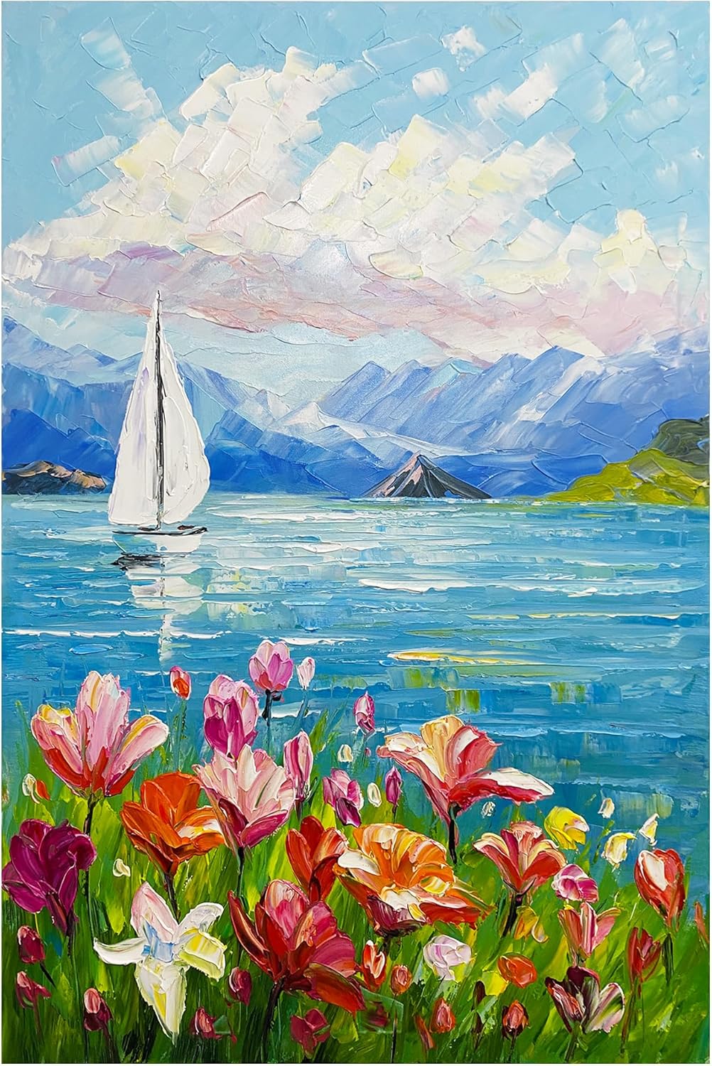 Hand-Painted Seascape Flower Oil Painting, Gallery Wrapped Framed Blue Ocean Mountain Flower Textured Art, Wildflower Sea Sailboat Painting(E, 24x36 inches)